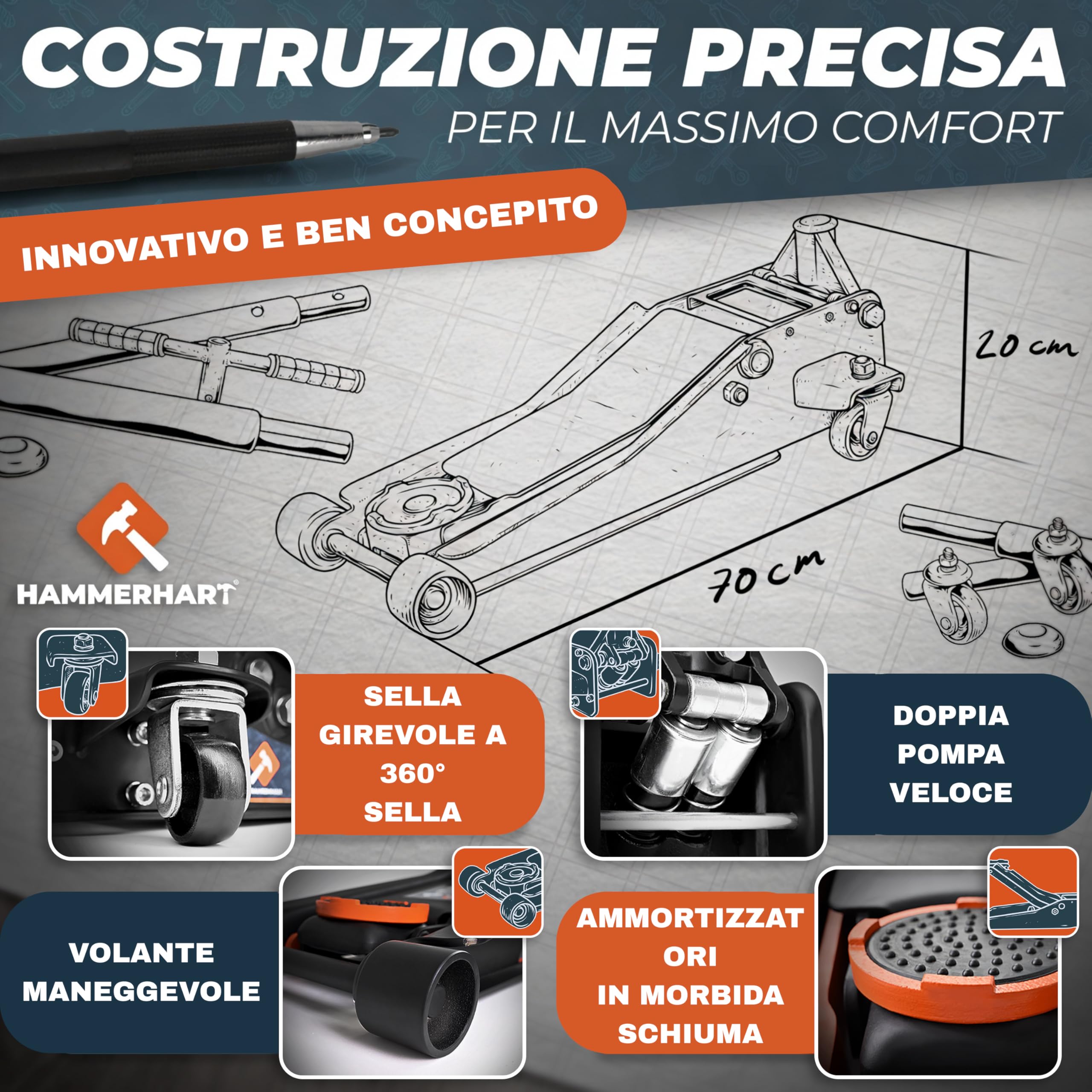 Cric per auto 3T | Sollevatore auto certificato TÜV con altezza di sollevamento di 75-505 mm | Cric idraulico premium con ruote a 360° e doppio pistone | Cric auto supporto in gomma e impugnatura a T