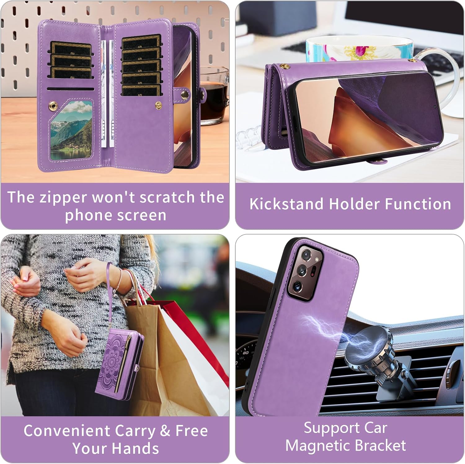 Asuwish Phone Case for Samsung Galaxy Note 20 Ultra 5G Zipper Wallet Cell Cover with Screen Protector Strap Flower Card Holder Note20 Plus Notes 20Ultra Note20+ U + 20+ Twenty Not S20 Women Men Purple