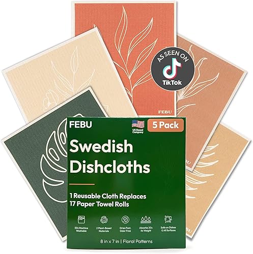 FEBU Paños de cocina suecos  Paquete de 5 toallas de papel reutilizables florales lavables  Toallas de cocina suecas  Paños de esponja de celulosa