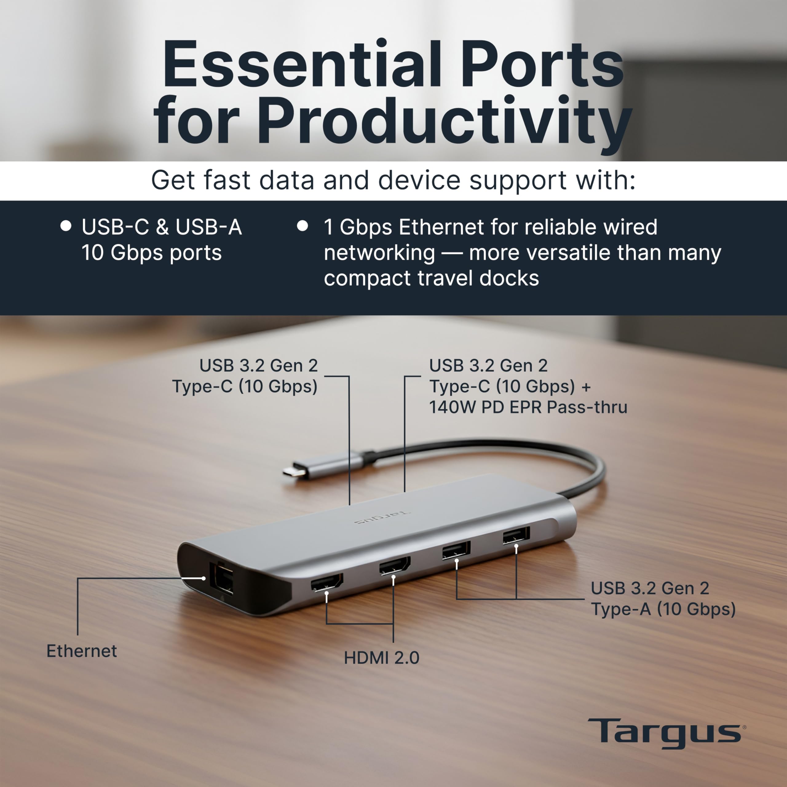 Targus Dual Video Mobile Dock mit 140W EPR Power Pass-Through, Dual HDMI 4K @60Hz, 2X USB-C & 2X USB-A 10Gbps, Gigabit Ethernet, EcoSmart Design DOCK427GL