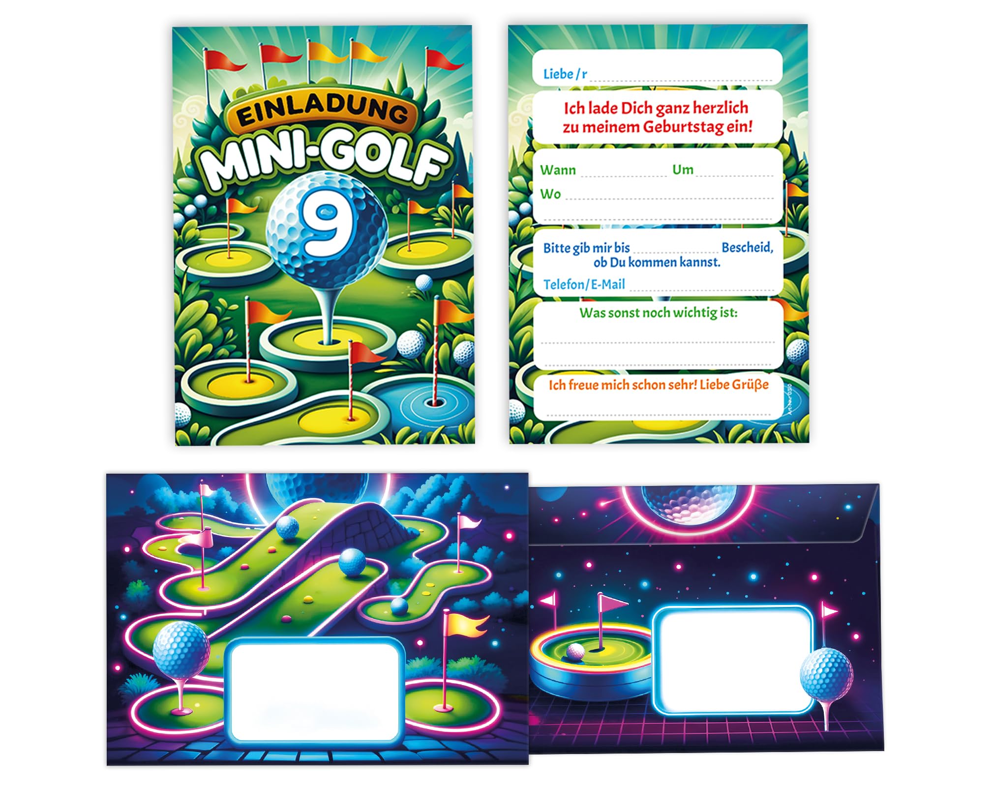 JuNa-Experten 8 Einladungskarten incl. 8 Umschläge zum 9. Kindergeburtstag Mädchen Jungen Mini-Golf Minigolf coole bunte Einladungen neunte Geburtstag Mädchengeburtstag Jungsgeburtstag