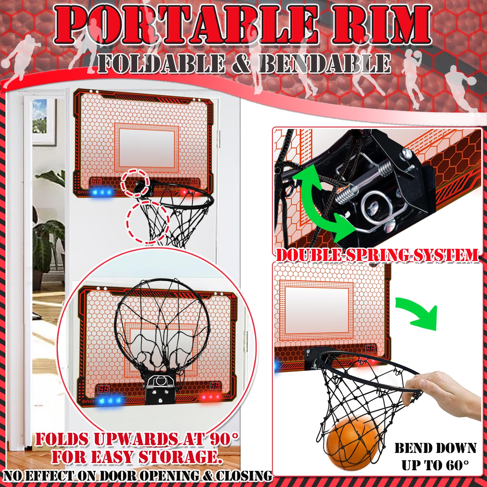 STAY GENT Panier de Basket Interieur, Mini Panier Basket la Porte avec Plusieurs Couleurs Lumières LED 4 Ballons Marqueur Automatique Panier Basket pour Chambre Mini Hoop Jeux Sportif Enfant Adultes