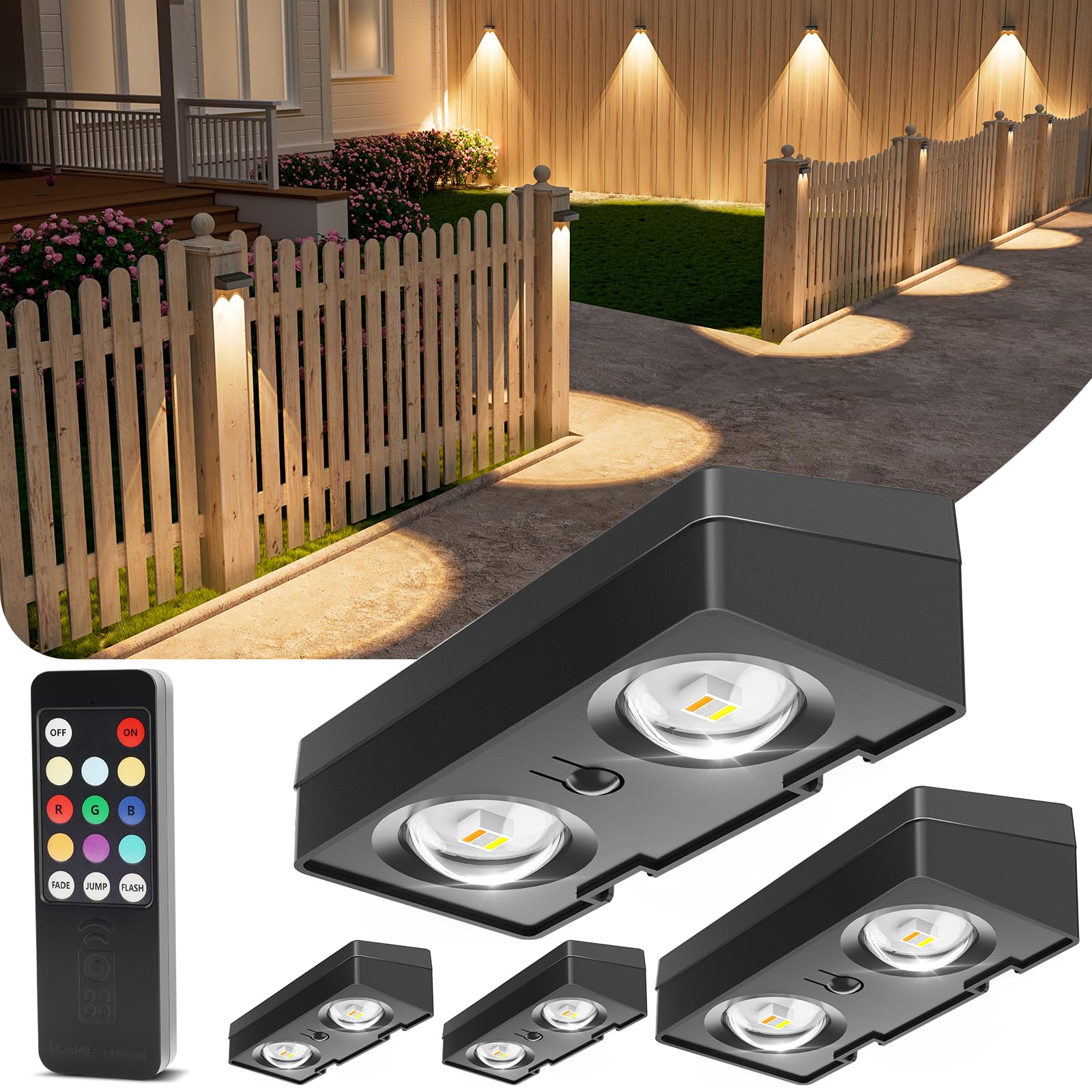 VOLISUN Solar Fence Lights with Remote Control, 50 Lumen LED Fence Solar Lights, IP65 Waterproof, 10 RGB Color Long-Lasting Decorative Lighting for Garden Backyard Deck, Patio Railing (4 Pack)
