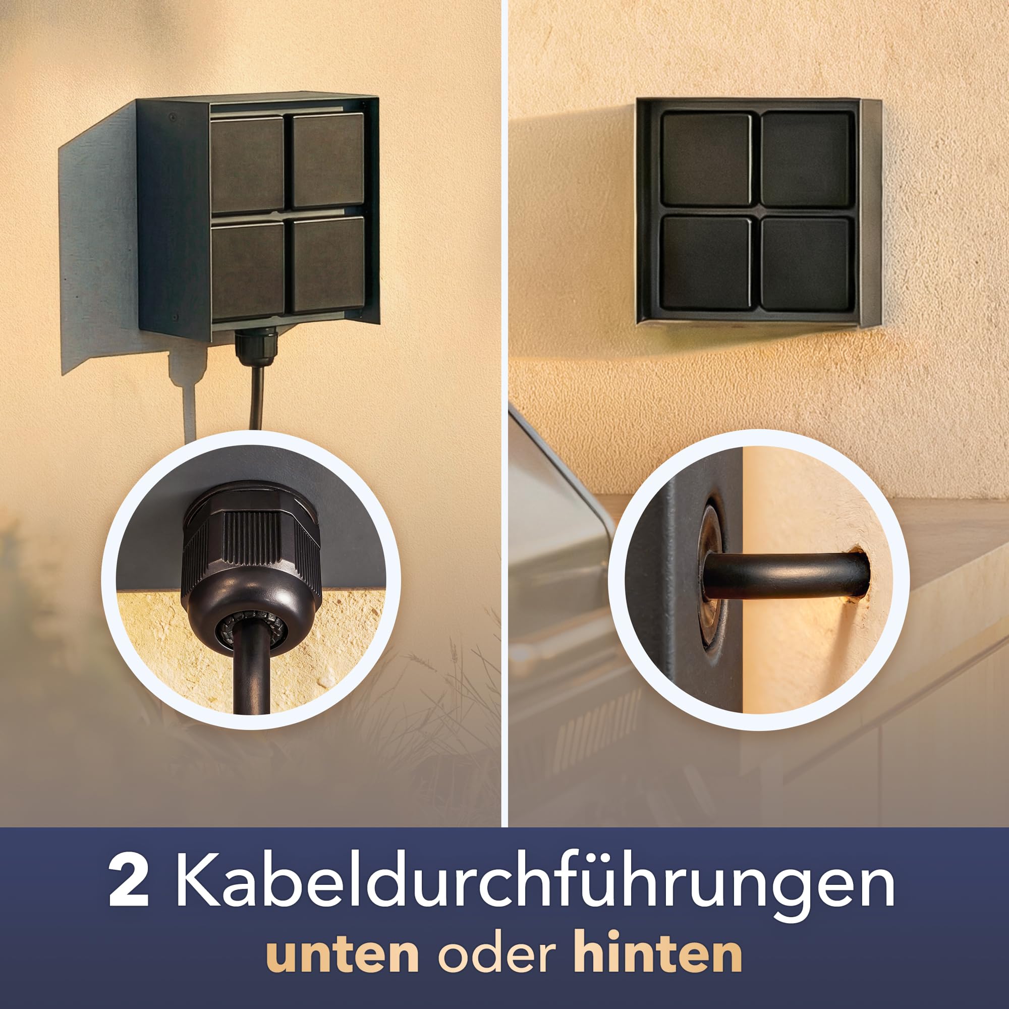 ledscom.de 2X Außensteckdose 4-Fach STEDDA und 2m Kabel, IP44, Edelstahl anthrazit quadratisch, Steckdosen für Garten, Terrasse und Außenbereich