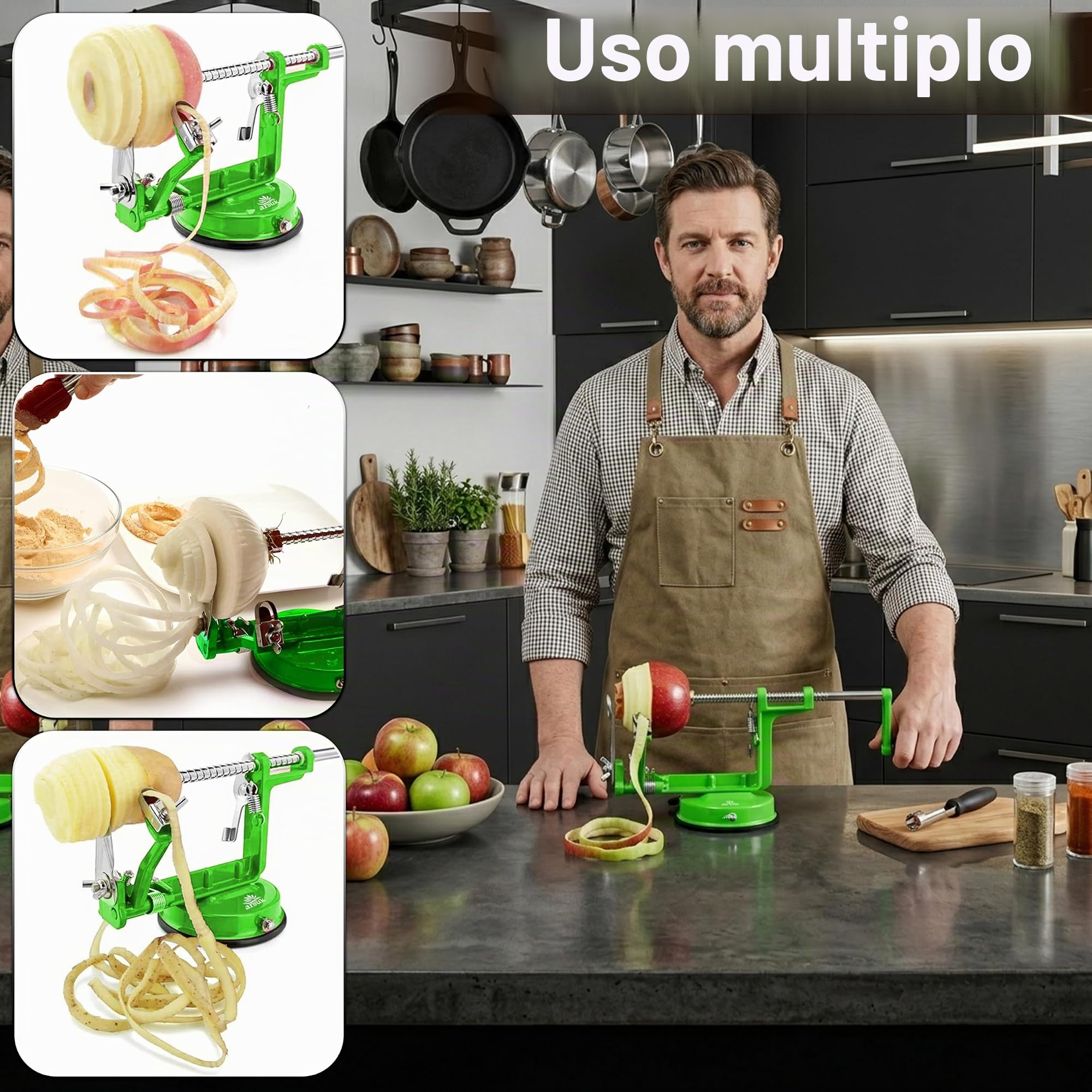 ARSUK Sbuccia Mela - Pelatore, Affettatore e Levatorsoli, Pelapatate Frutta Verdure e Patate Pela 3 in 1 - Pelamele Macchina, Corpo Ghisa, Lama Regolabile in Acciaio Inox, Base a Ventosa Antiscivolo