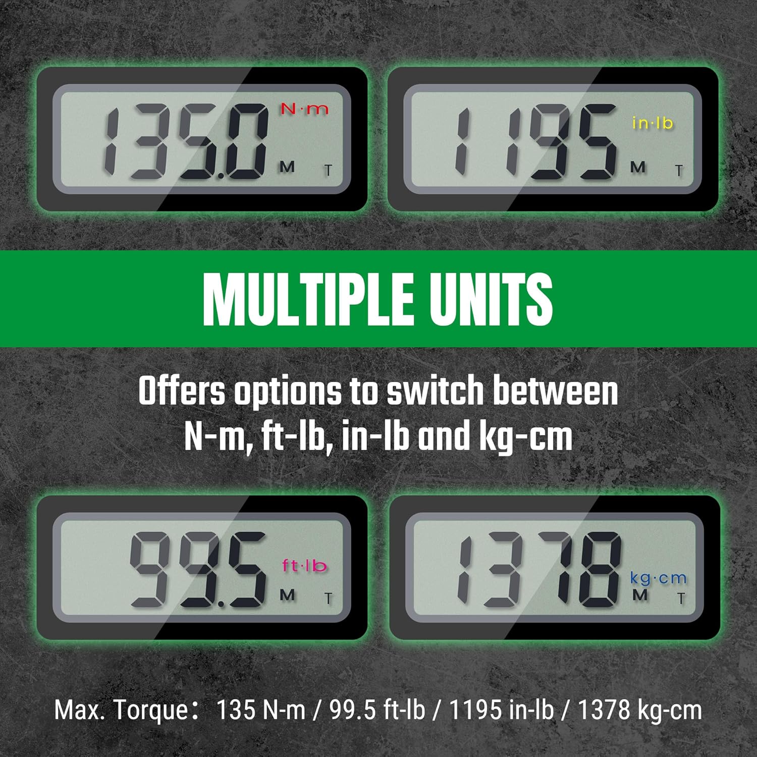 Digital display showing torque values in N-m, in-lb, ft-lb, and kg-cm.