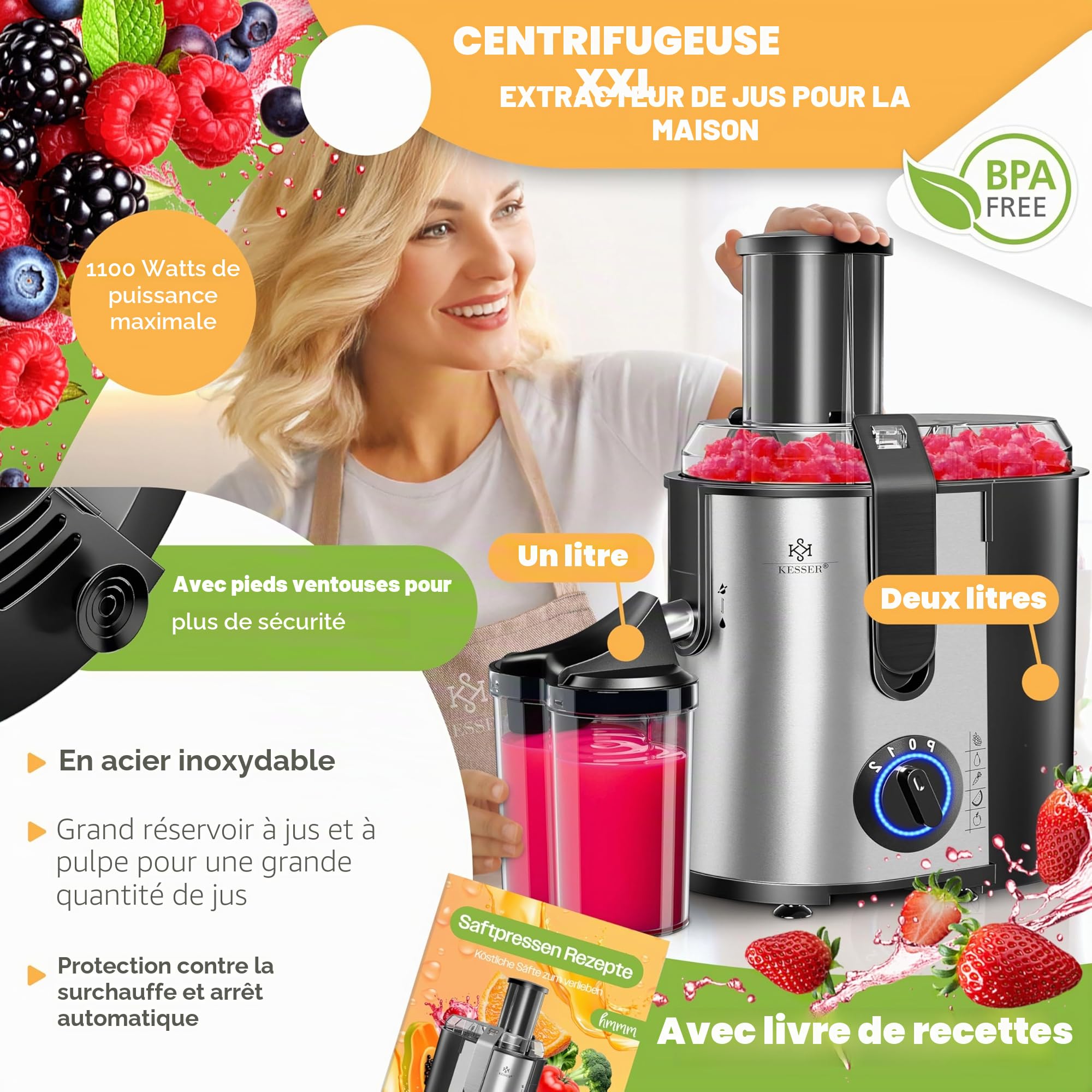 KESSER - Centrifugeuse en Inox Fruits et légumes 1100W, Extracteur de jus, Capacité 1L, Ouverture 85mm