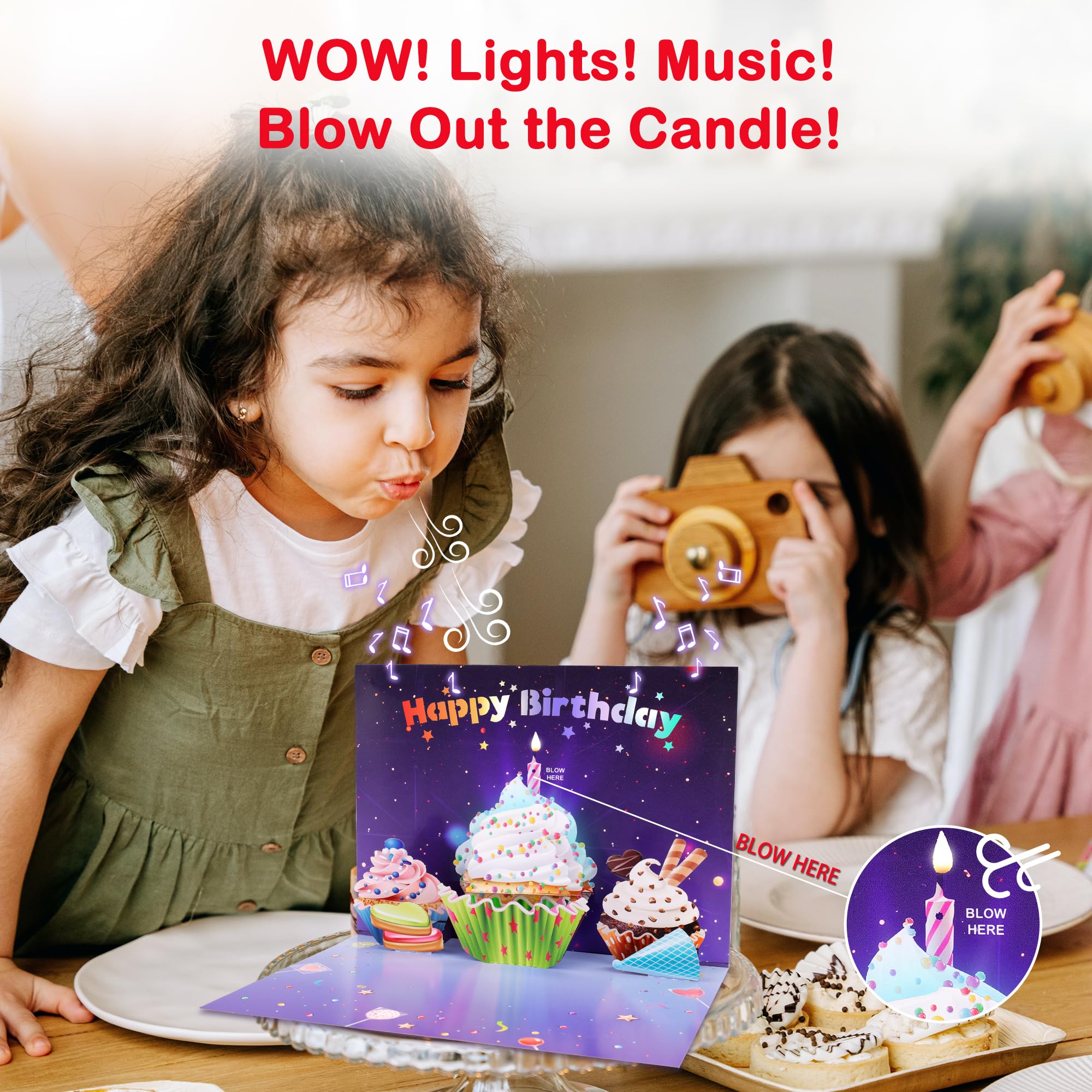 Tarjeta de feliz cumpleaños 3D emergente | Tarjetas de felicitación con luces musicales | Soplar la vela | Tarjeta desplegable de pastel de magdalenas | Reproduce una canción de feliz