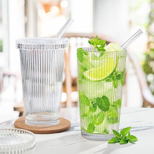 Miniatura 4 de Joeyan Vaso de vidrio con tapa y pajita, taza de café helado transparente acanalada, vasos vintage, cristalería acanalada para jugo, batido, agua,