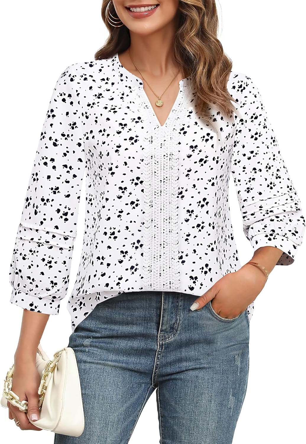 Unixseque Womens Casual Blouses 3/4 Sleeve V Neck Business Tops Ladies Trendy Office Work Shirts - Image 2