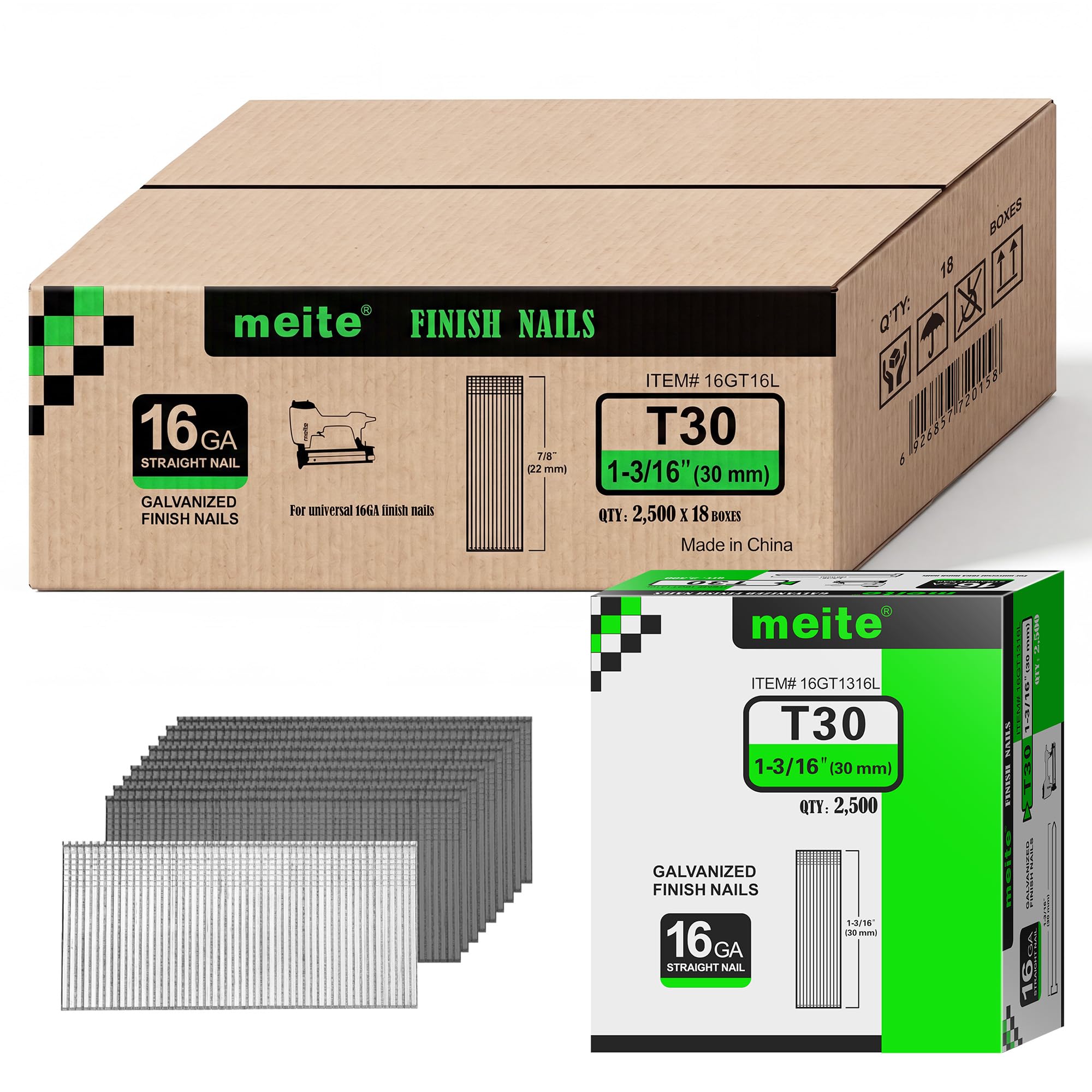 meite 16 Gauge Finish Nails 1-3/16IN Galvanized Straight T-Nails 45,000PCS