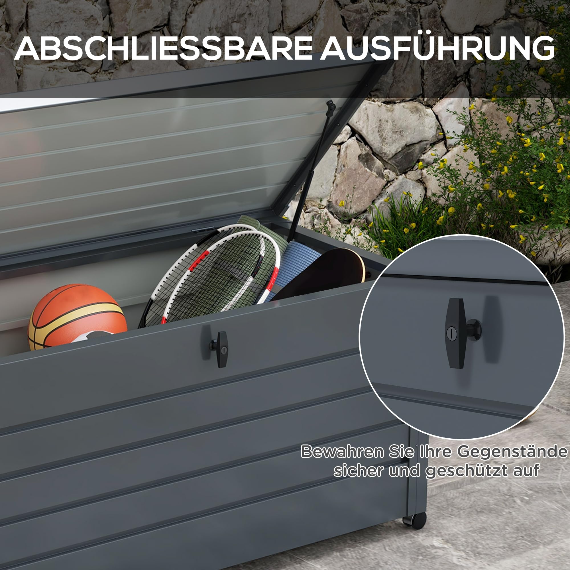 Outsunny Gartenbox Metall 311 Liter mit Griffen 120 x 62cm Dunkelgrau | Auflagenbox, Rollen, Schloss, Wasserdicht, Abschließbar, Gartentruhe, Outdoor Kissenbox, Wetterfest, für Garten Balkon