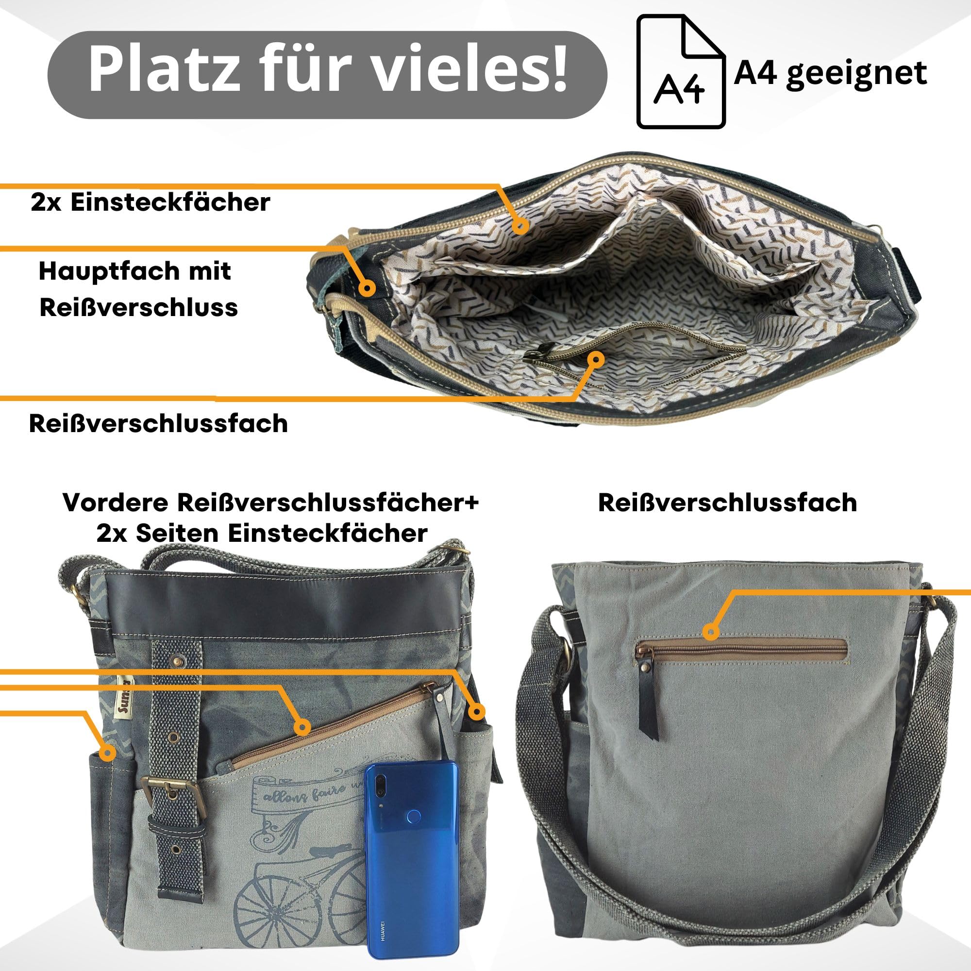 Sunsa Damen Umhängetasche.Fahrradmotiv Schultertasche, grau/schwarz Tasche | Canvas & Leder Handtasche, Vintage Damentasche mit viel Fächer & verstallbare Henkel. Große Crossover Damentasche