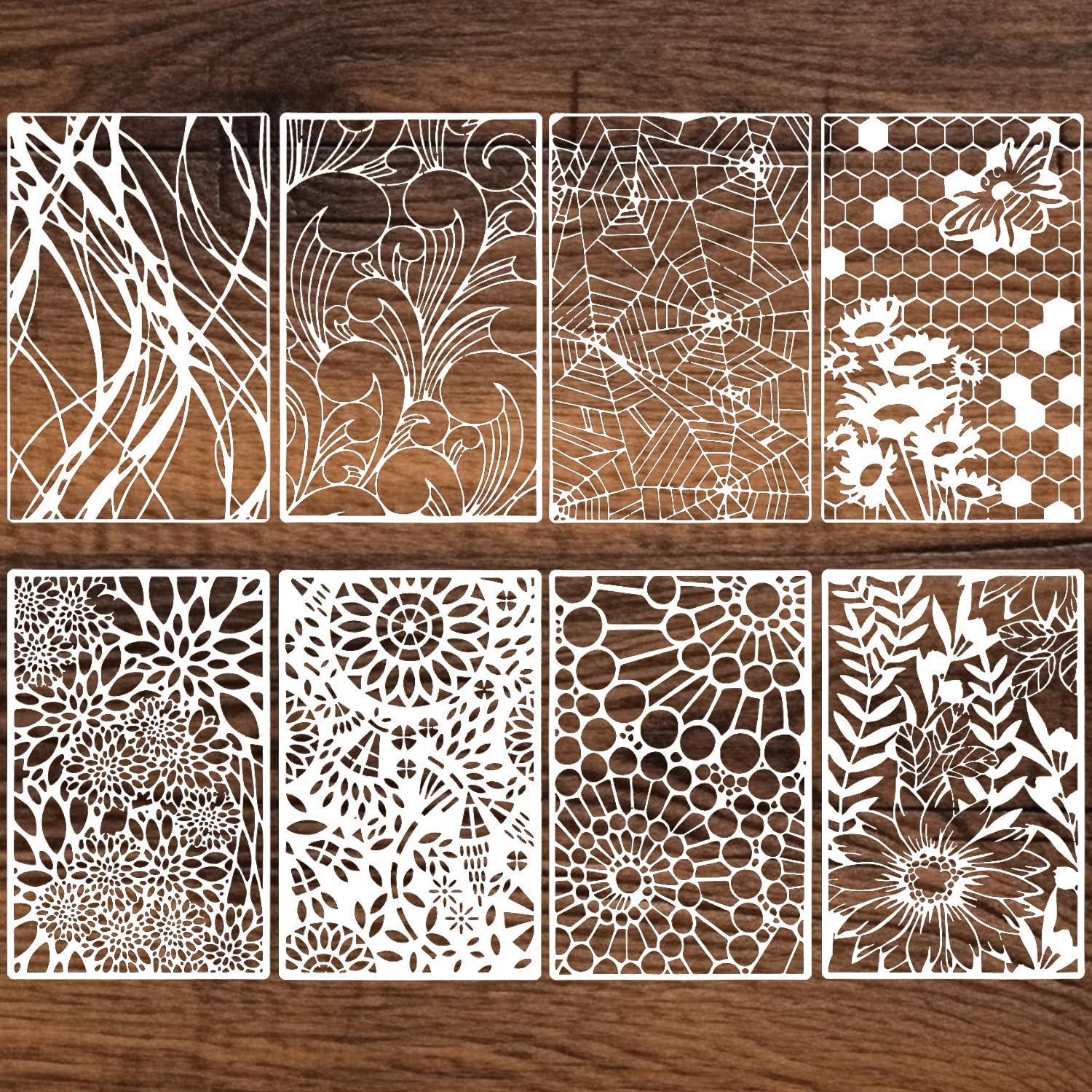 Texture Stencils, 8 Pcs Stencils for Crafts Reusable Flower Painting Template Natural Scrapbook Template for Painting DIY Art Crafts Scrapbook Wall Brick Décor (Insects Flower)