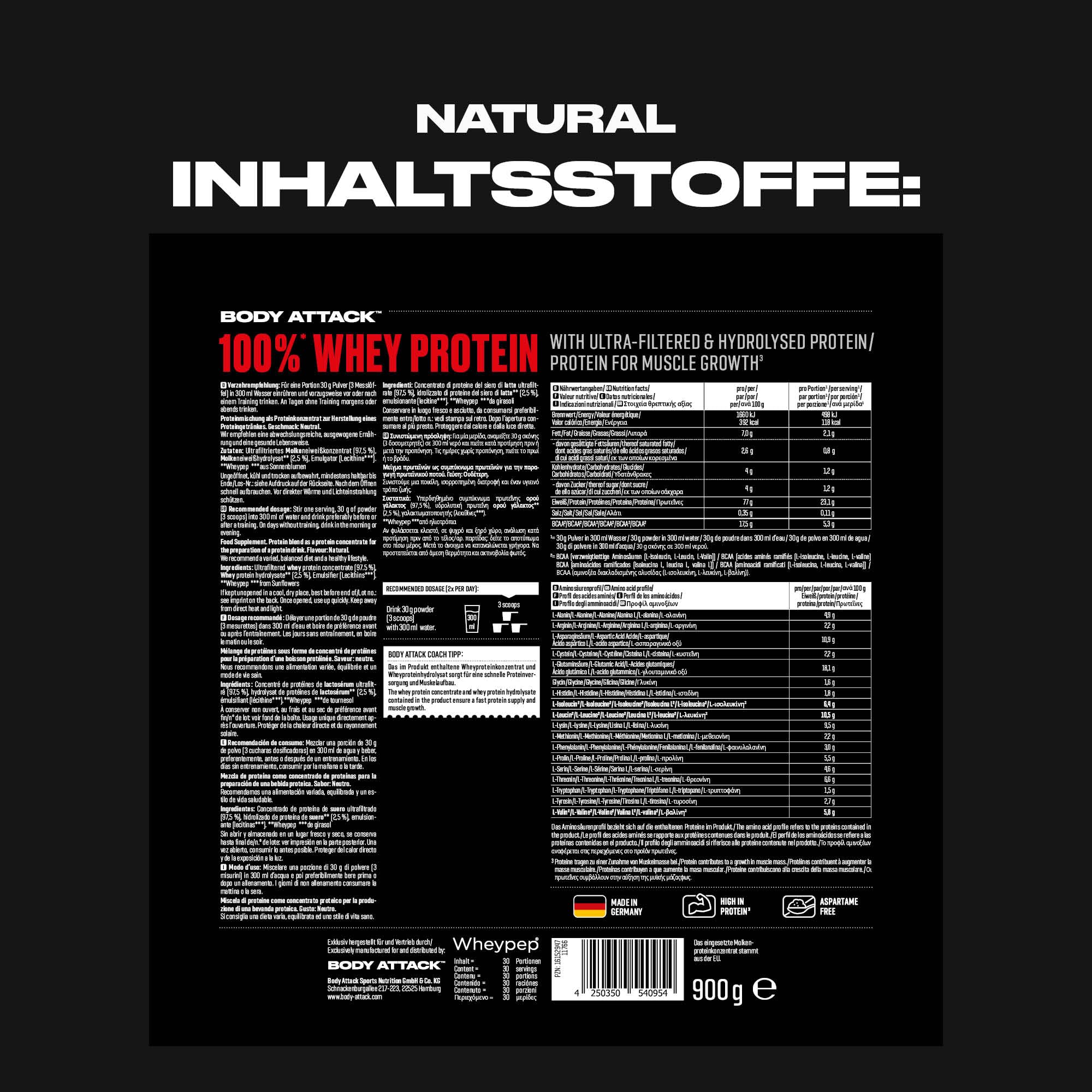 Body Attack 100% whey protéine, protéines musculation - protein powder crémeuse avec hydrolysat et BCAA, prise de masse et régimes, pour athlètes et sportifs - Fabriqué en Allemagne - 900g Nature