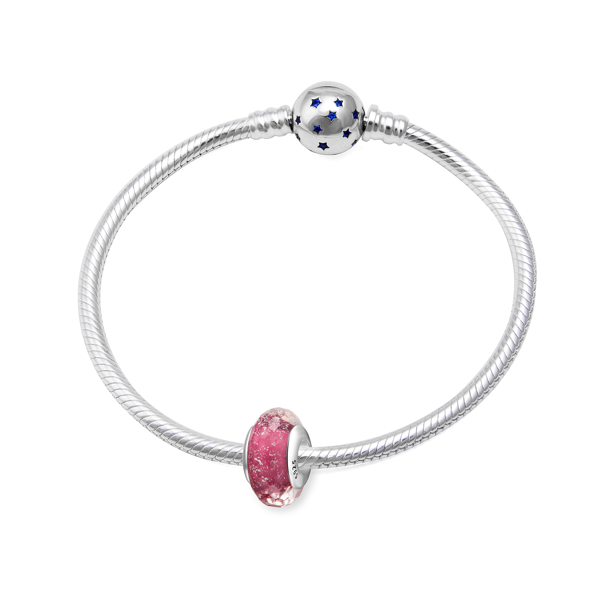 Hoobeads Abalorio de cristal de Murano transparente con núcleo de plata 925 facetado fascinante para pulsera europea (rosa rosa)