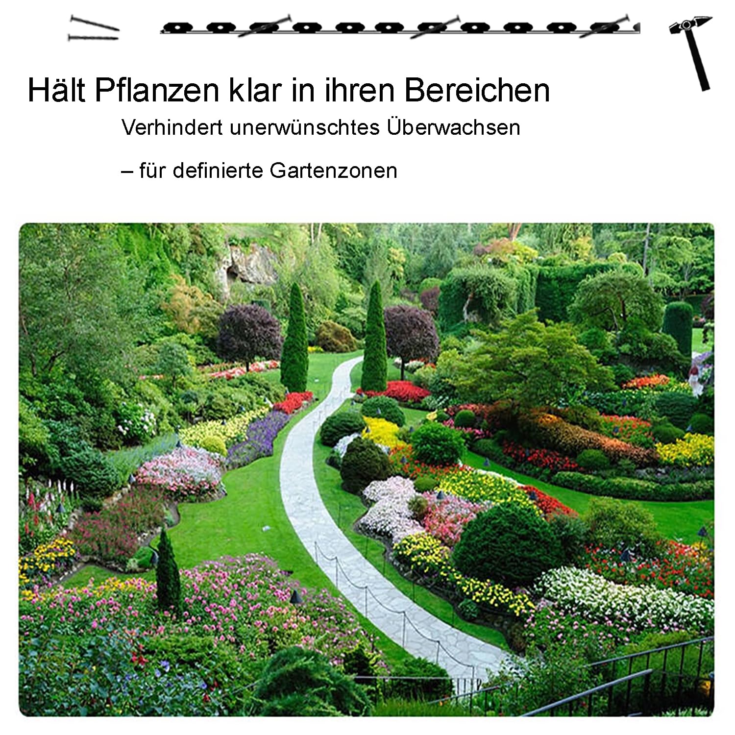 Bordillo para Césped Flexible de Plástico, Rejilla para Césped, Bordillo de Jardín para Delimitación, Jardín, Terraza y Parterres, 10m×5cm Alto con 30 Piquetes de Anclaje, Verde