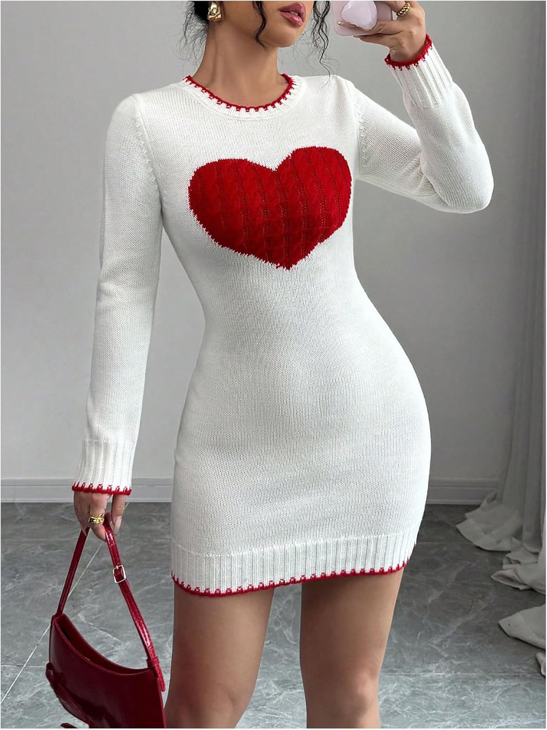Floerns Women's Heart Sweater Dress Crewneck Knitted Fall Bodycon Mini Dresses - Image 2