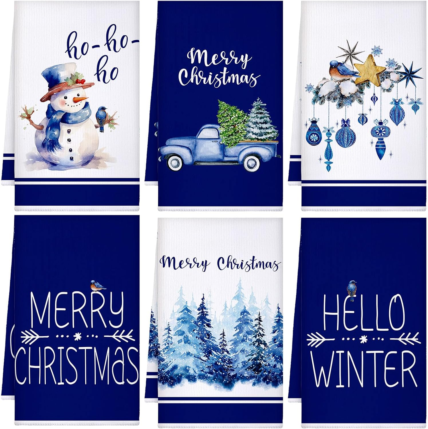 Geyoga 6 Pcs Winter Kitchen Towels Snowman Dish Hand Towels Blue White Truck Absorbent Tea Dishcloths for Winter Holiday Home Bathroom Kitchen Decor Housewarming Gifts, 16 x 24 Inch