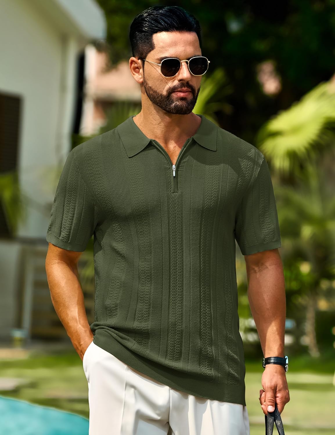 Cotrasen Mens Zipper Polo Shirts Short Sleeve Textured Knit Polo Shirts Regular Fit Casual Stretchy Golf Shirts