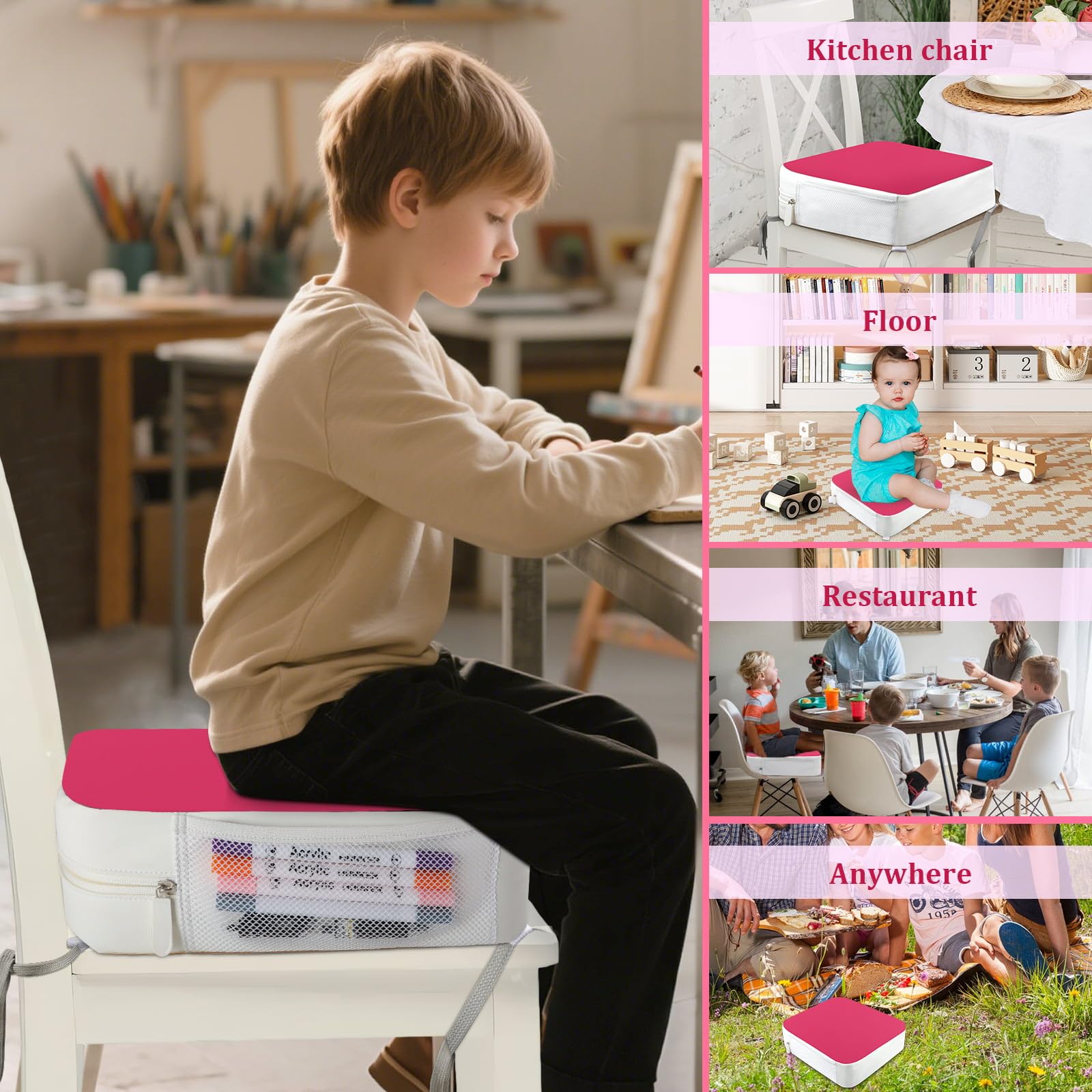 Rehausseur de chaise pour enfant - Ancrage 4 points - 9,6 cm - Surélévation pour tout-petits à la table à manger avec poches latérales - Coussin d'assise antidérapant et portable - Pour enfants - Rose