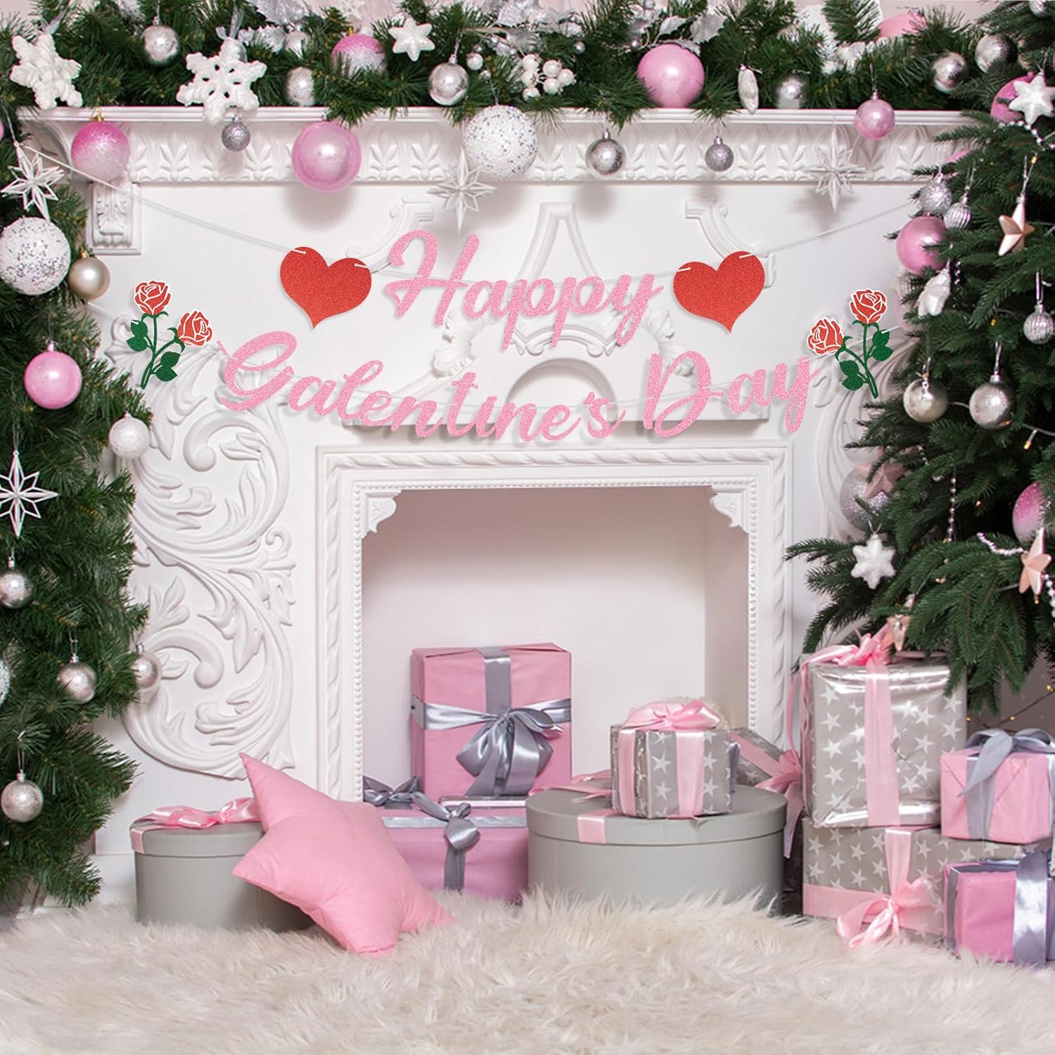 Hooqict Happy Galentine's Day Banner Red Pink Glitter Galentines Day Decorations Rose Heart Valentines Party Banner Garland Sign for Girls Women Ladies Friends Happy Galentines Day Decorations