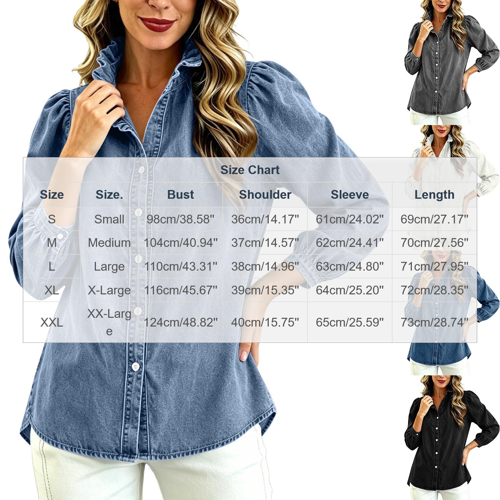Damenmode Jacke Rüschenkragen Knöpfe Taschen Langarm Jeans Hemd Einfarbig