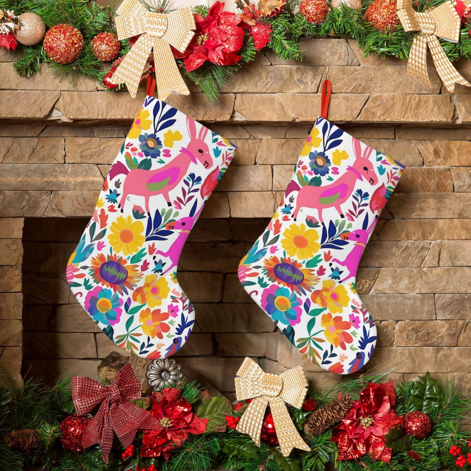 Fodpand Boys Black Mexican Otomi Animals Christmas Stockings Hanging Ornaments For Holiday Decor, 18 Inches Velvet Fireplace Hanging Xmas Stocking, Candy Gift Bags For Christmas Decorations