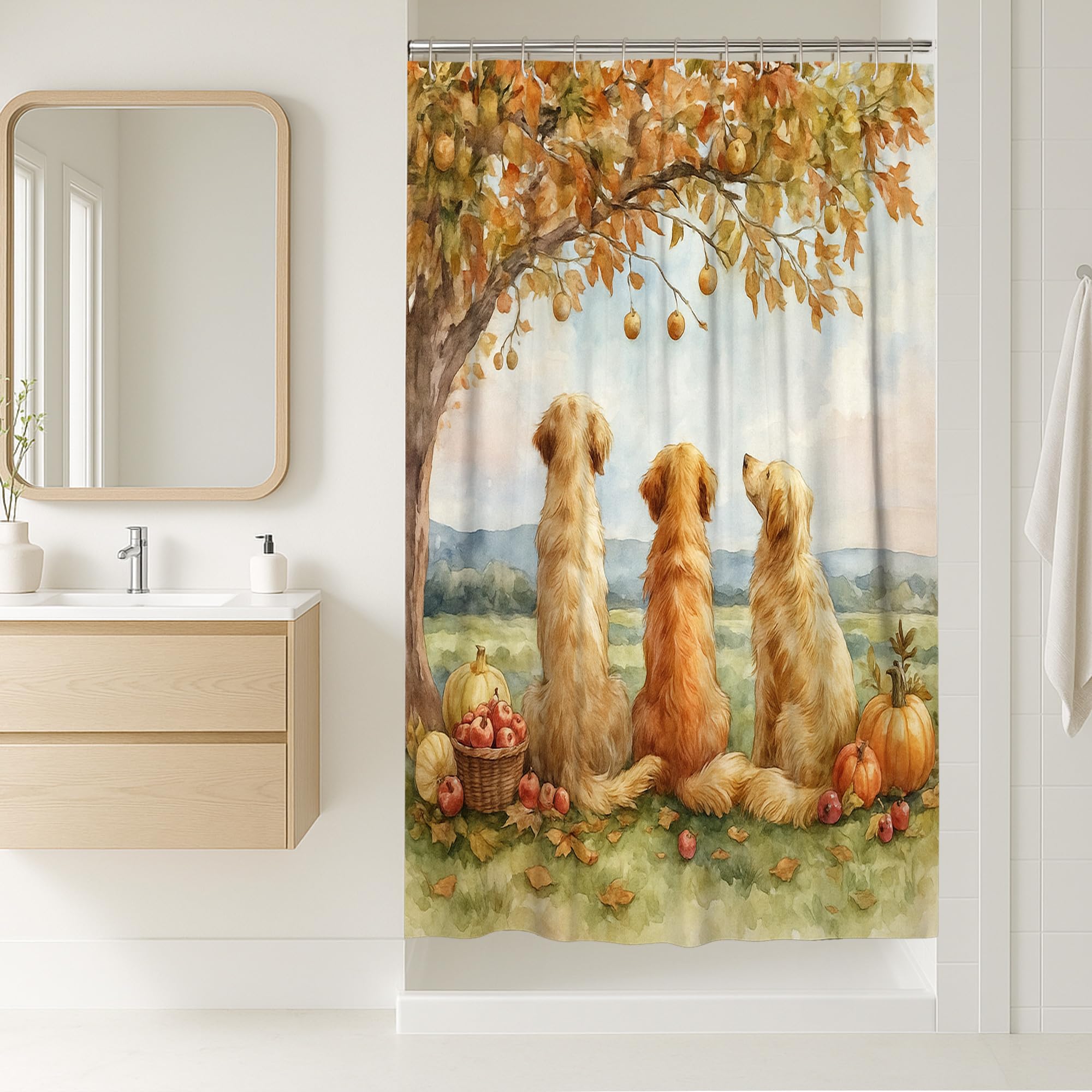 Fall Dog Stall Shower Curtain with Golden Retrievers 36x72 Inch, Autumn Pumpkin and Apple Bathroom Decor, Farmhouse Waterproof Fabric Shower Curtain