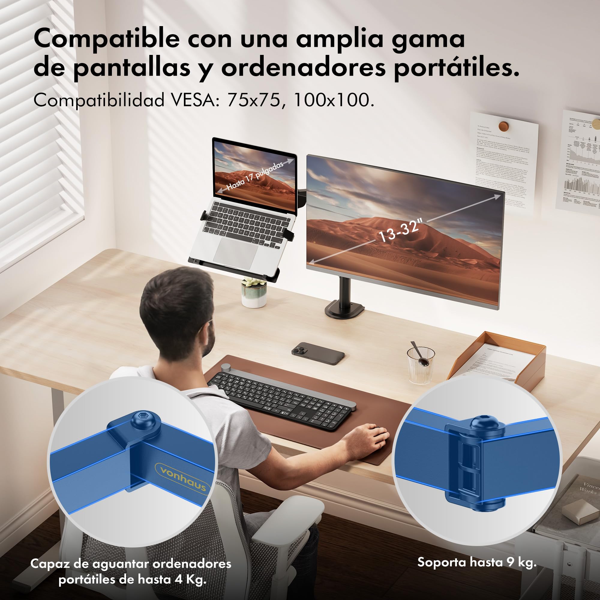 VonHaus Soporte para Monitor y Portátil de Escritorio – Brazo para Monitor de 13-32" de Altura Ajustable y Abrazaderas de Fácil Montaje - Giro, Inclinación y Rotación Totales - VESA 75x75, 100x100 mm