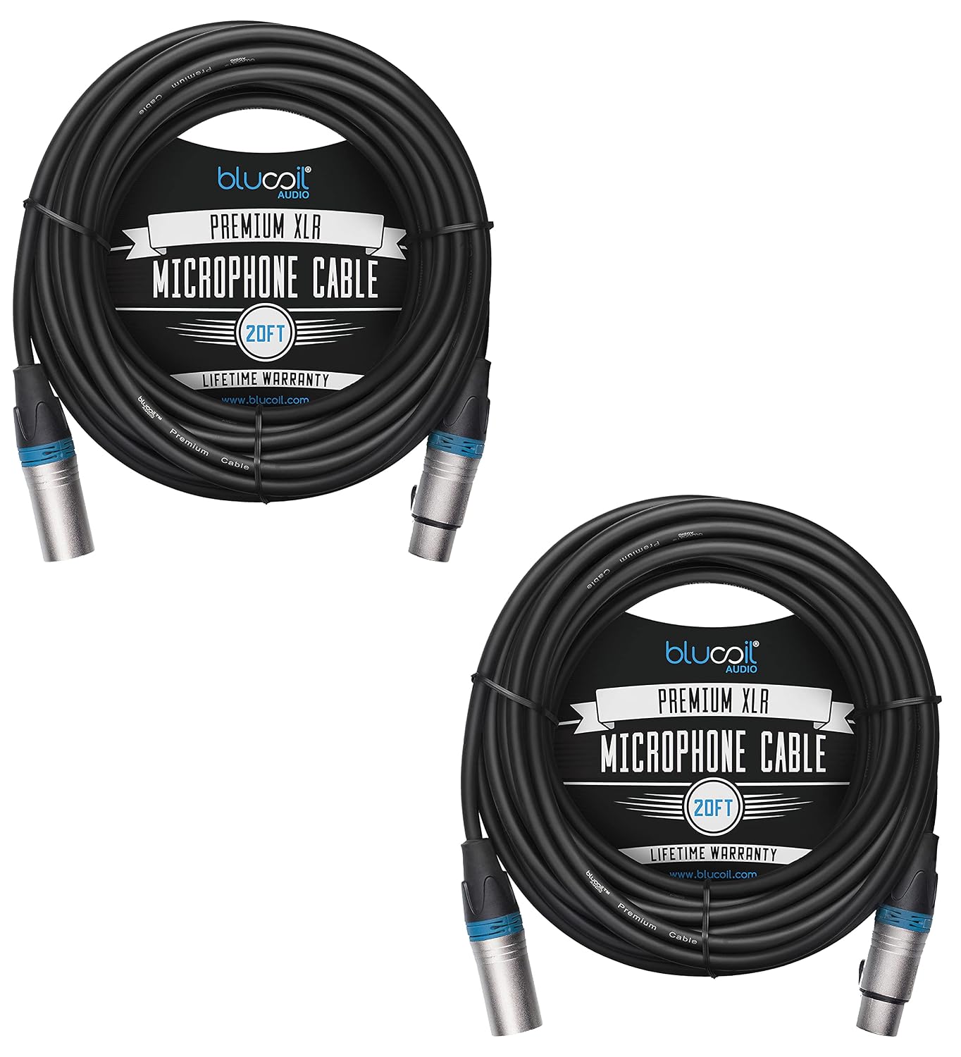 blucoil Audio 2-Pack of 20-FT Balanced XLR Cable with 24 AWG Copper Wire and PVC Jacket - 3-Pin Male to Female Microphone Cord for Audio Interfaces, Mixers, Preamps and Recorders