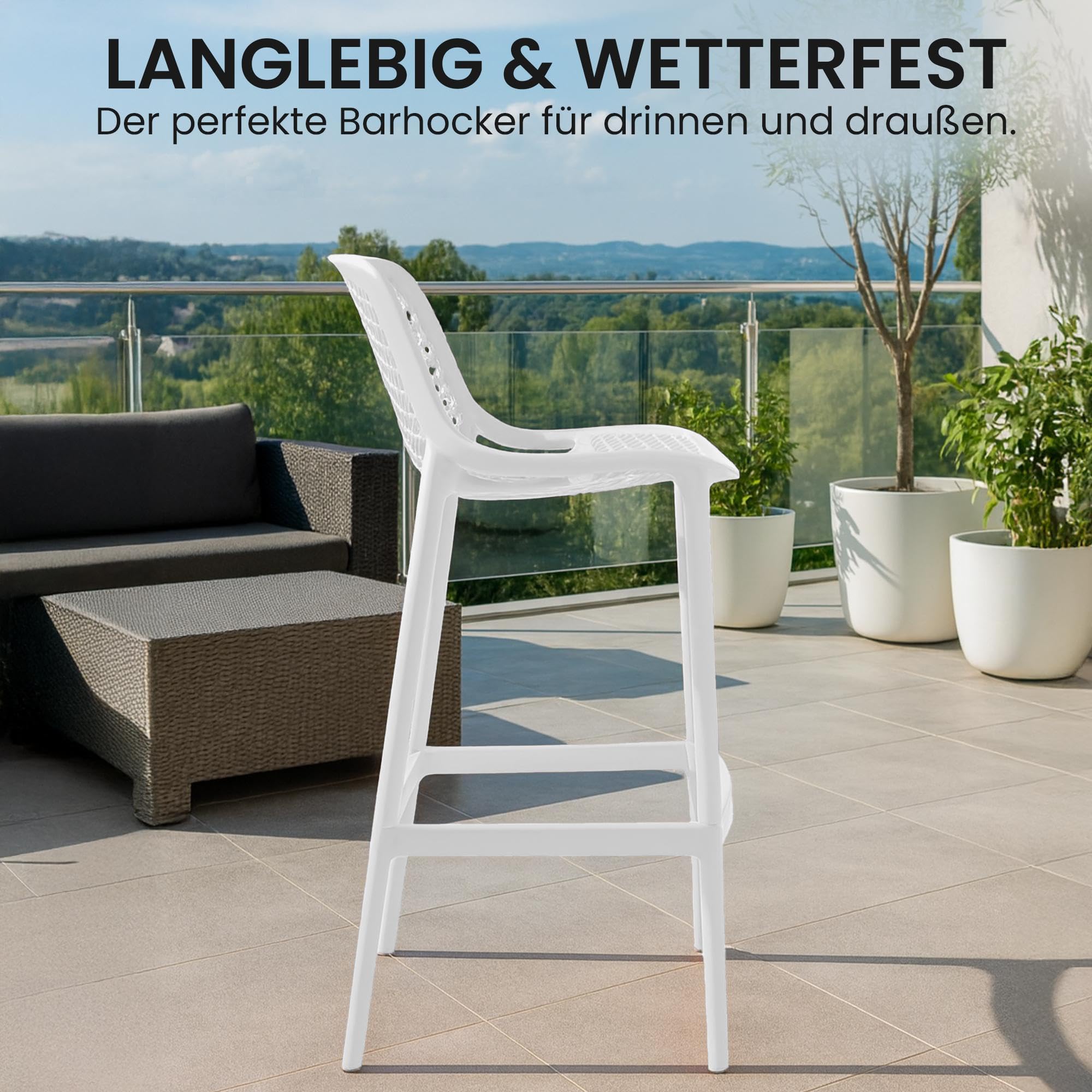 CLP Barhocker 2er Set Garten wetterfest Air, Gartenstühle mit Lehne, Tresenstühle wetterfest UV-beständig aus Kunststoff, bis 160 kg, Farbe:weiß