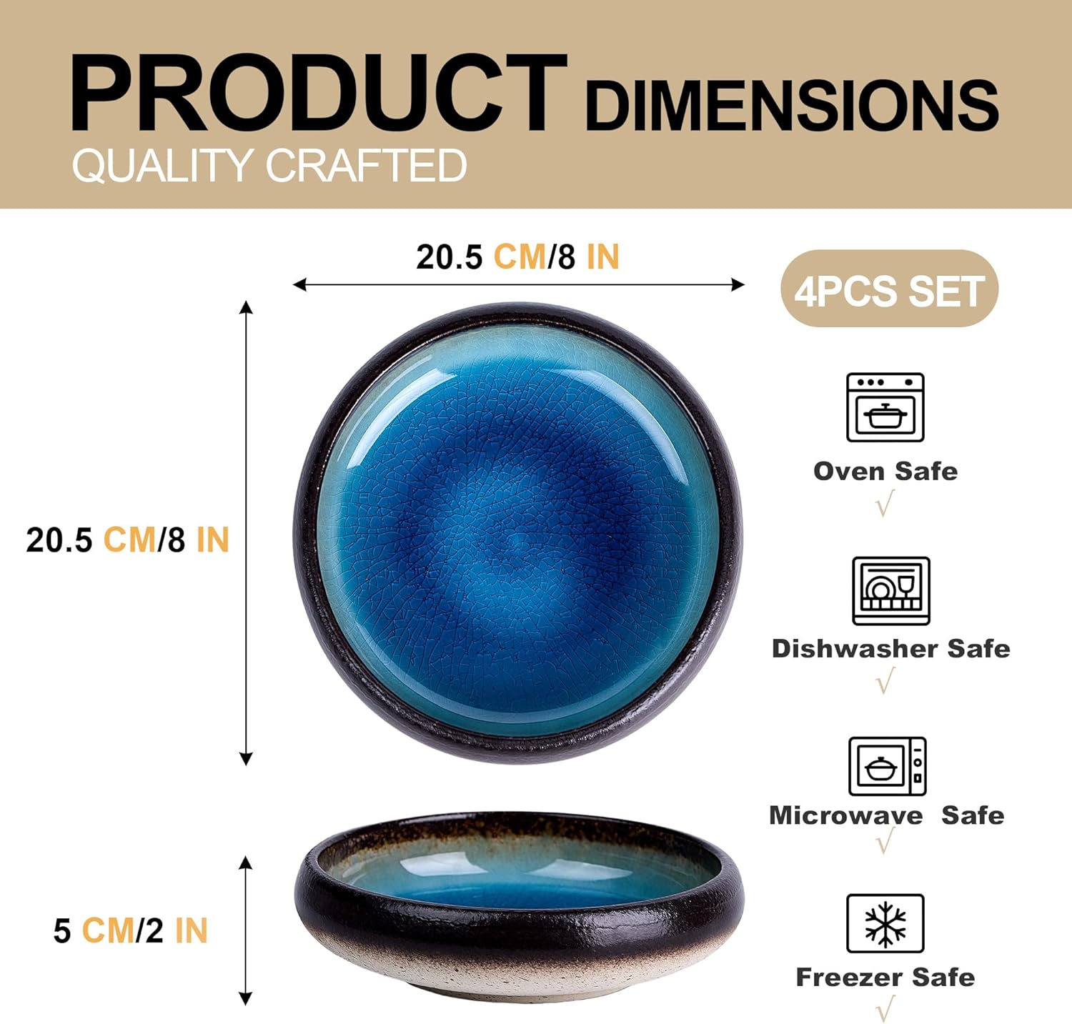 Ceramic Pasta Bowls Set of 4, 8 Inch Large Porcelain Pasta and Salad Bowls, Stoneware Dinner Plate Set for 4, Handmade Round Dishes for Home Decor, Microwave,Oven,and Dishwasher Safe, Blue