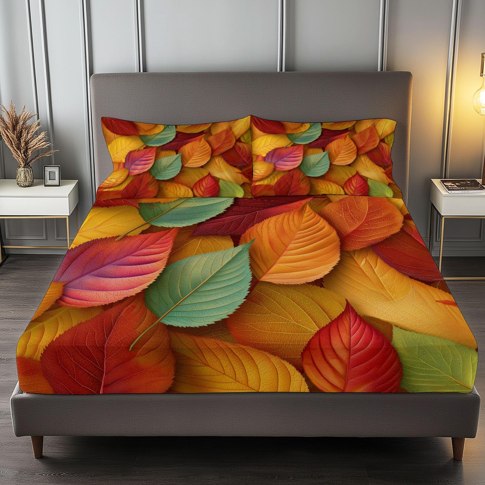 Drap housse 160x200 jaune motif feuilles d'automne en microfibre respirante pour lit 2 personnes