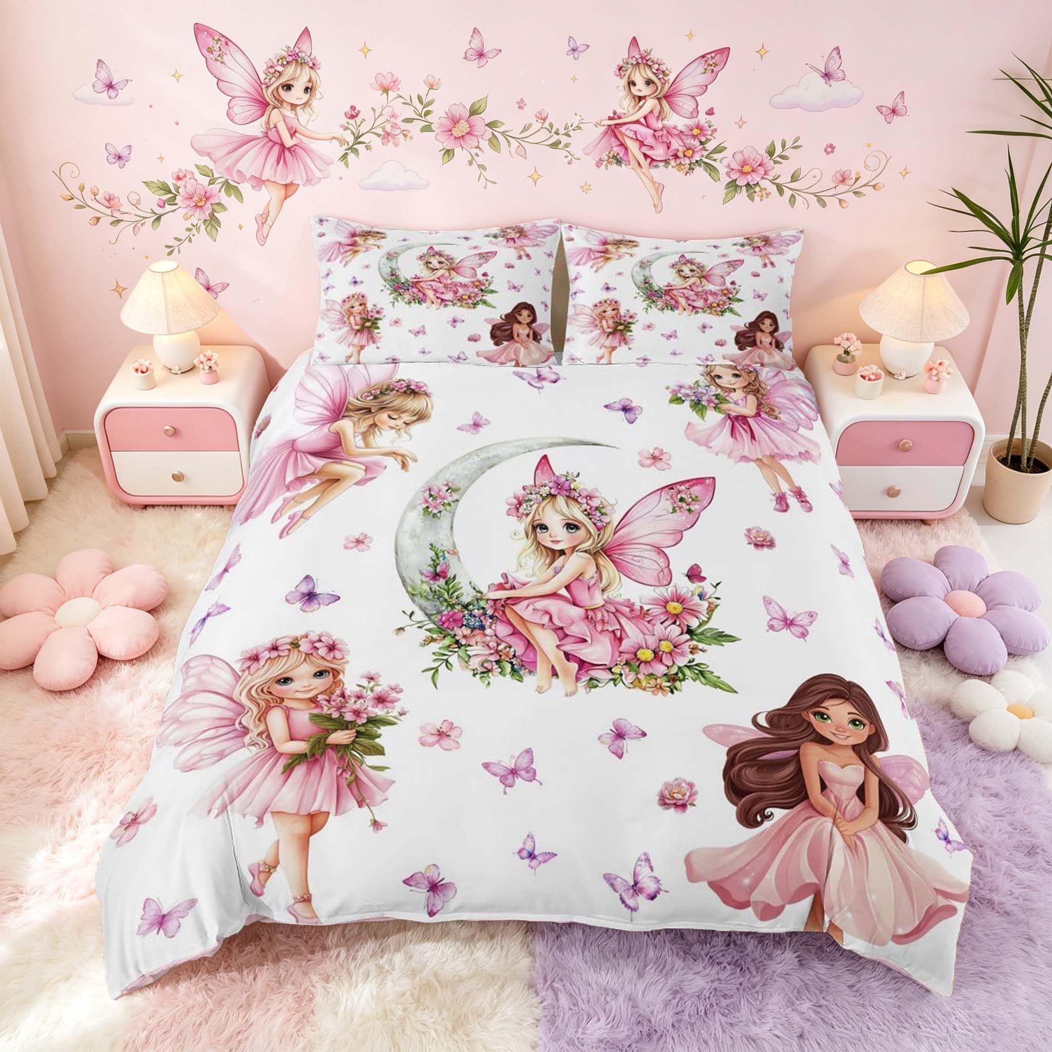 Homemissing Pink Flower Fairy Duvet Cover Set King Size for Kids Boys Girls Floral Butterfly Bedding Set Princess Decor Duvet Cover with 2 Pillowcases Cartoon Fairy Bedding
