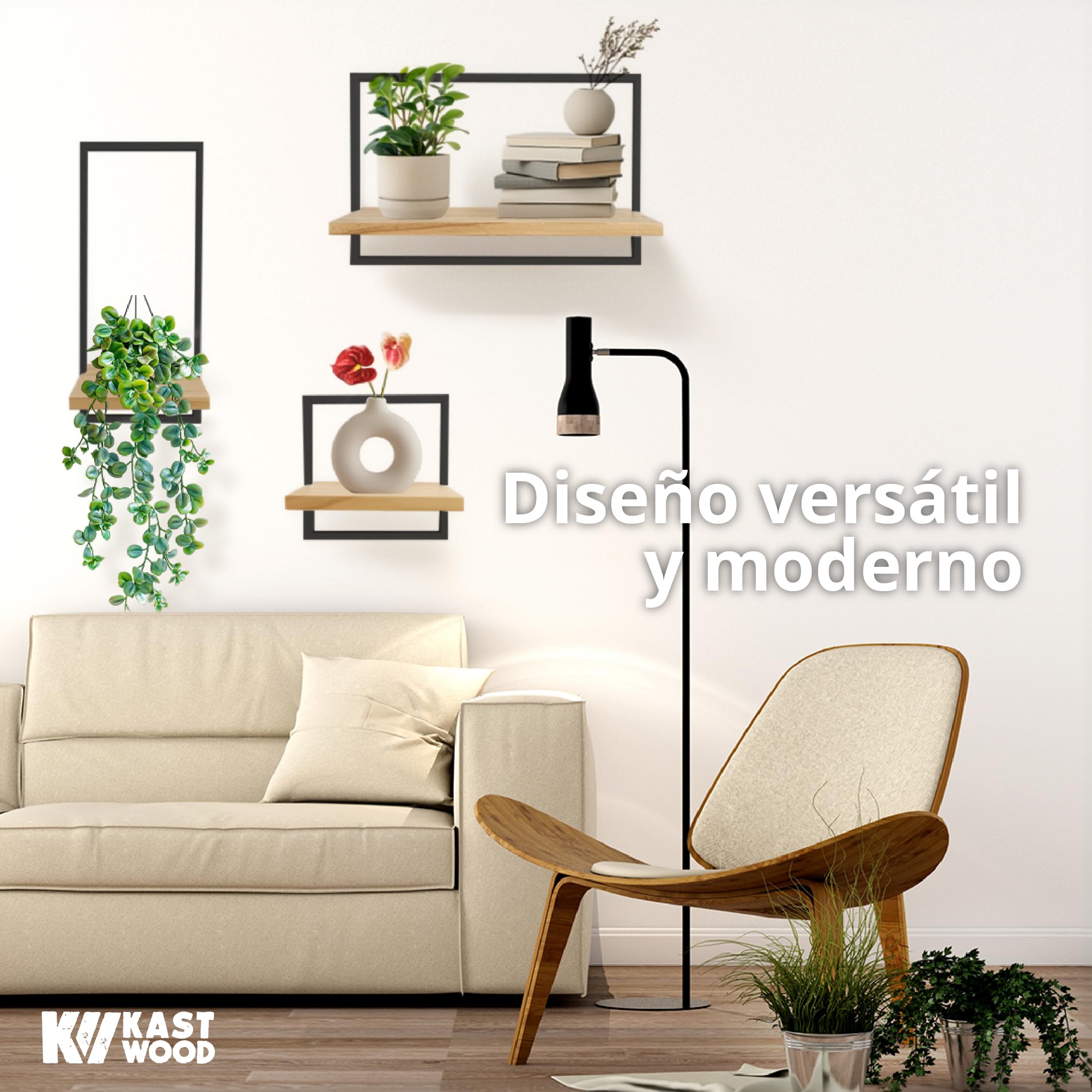 Kastwood Estantería de Pared de Madera – Set 3 Baldas Flotantes Pared y Repisas Decorativas para Salón, Baño y Dormitorio – Estanterías de Pared en Madera Natural con Marco Metálico Decorativo