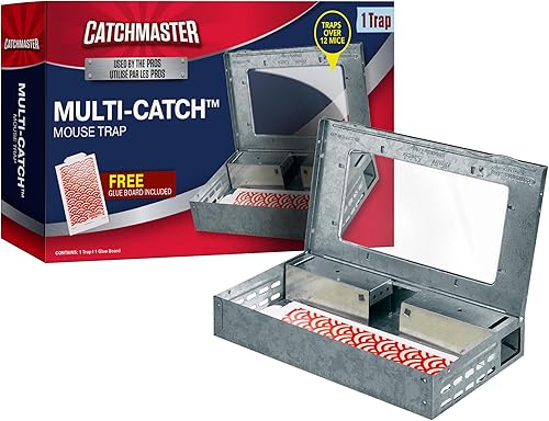Trampa para ratones Catchmaster Multi-Catch, trampa para ratones humana para interiores para el hogar, incluye 1 tablero de pegamento reemplazable,
