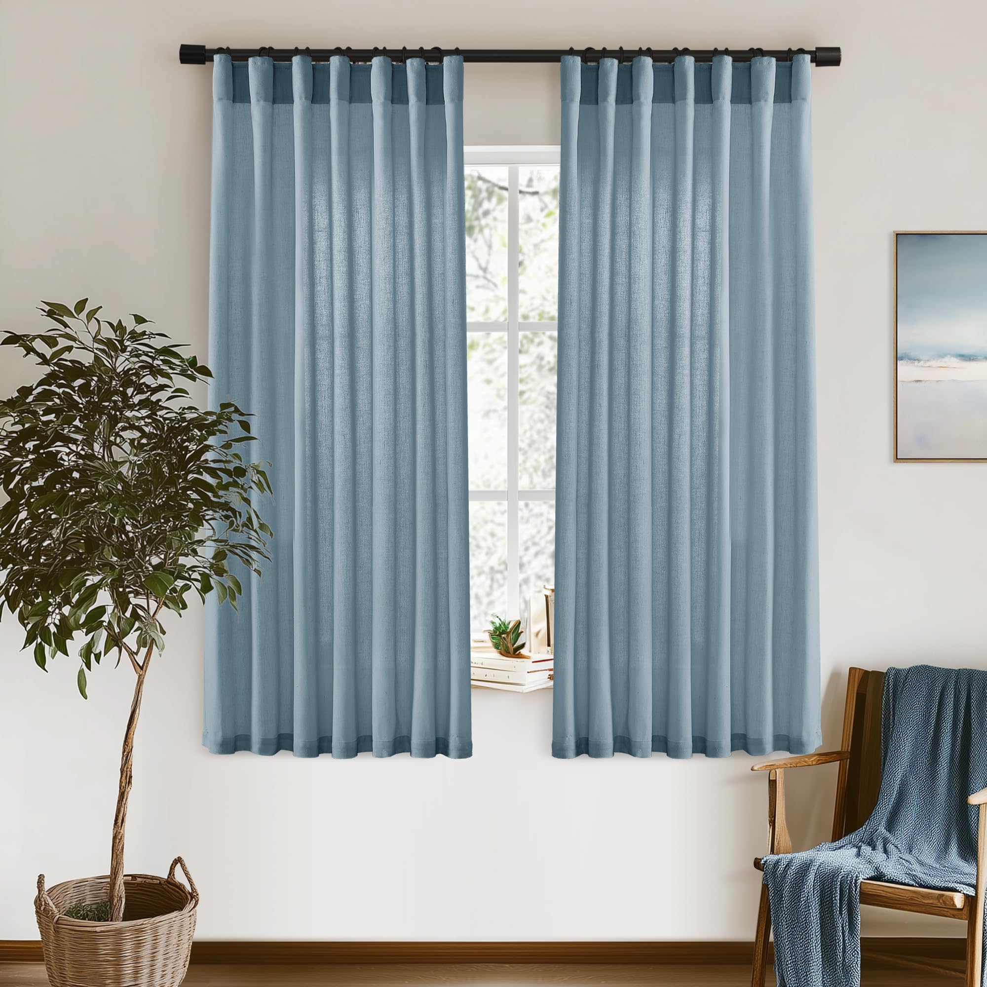 XTMYI Dusty Blue Curtains 63 Inches Long for Bedroom,Light Filtering Country Vintage Hooks Pleated Back Tab Semi Sheer Linen Curtains for Living Room 2 Panels Set,Grey Stone Blue