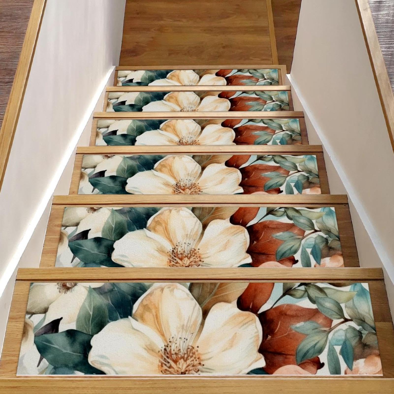 Alfombra resistente de patrón floral para escalones de madera de 8x30 pulgadas