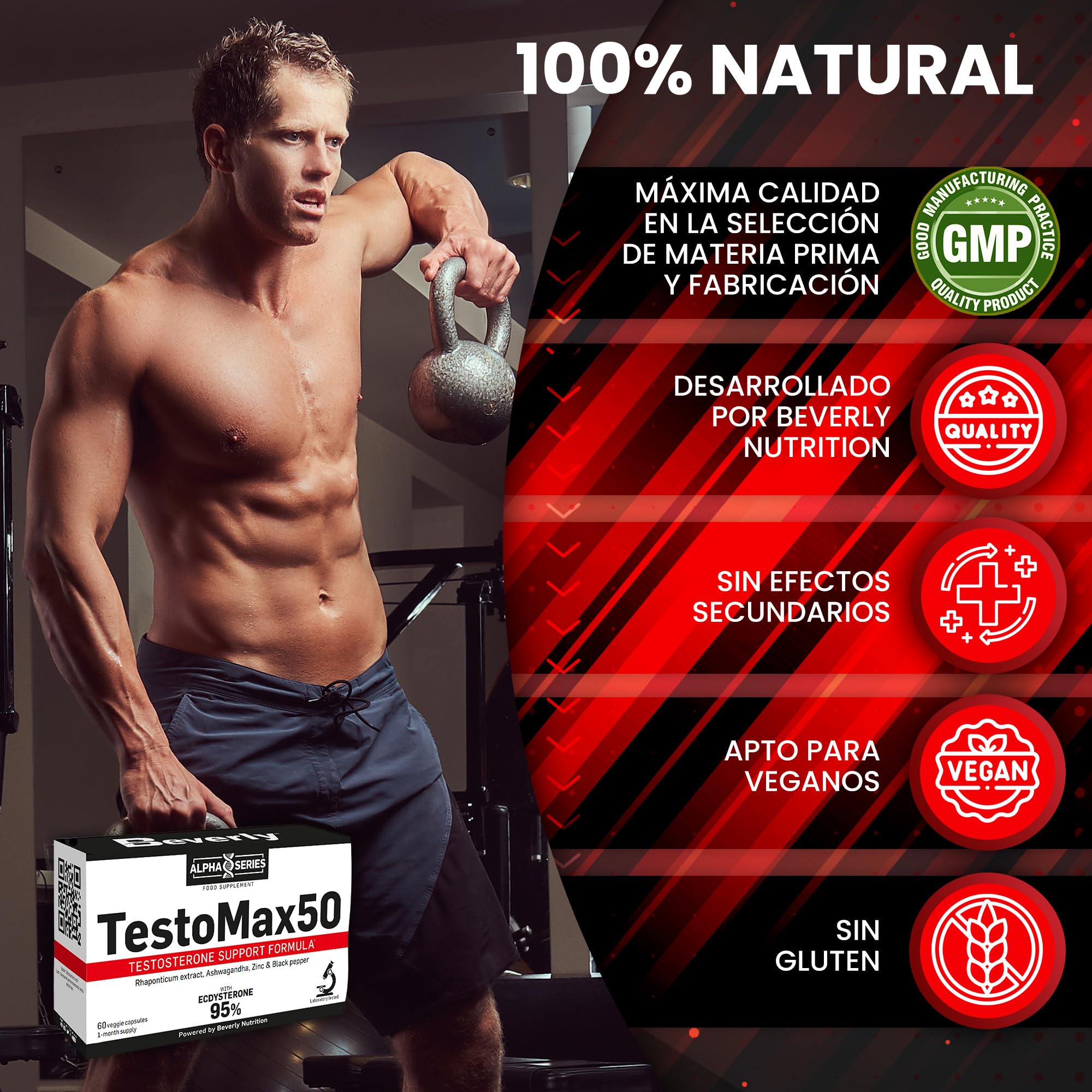 Beverly TestoMax50 - Potenciador natural de la testosterona - 60 cápsulas vegetales - 60 servicios - Masa muscular, fuerza y rendimiento