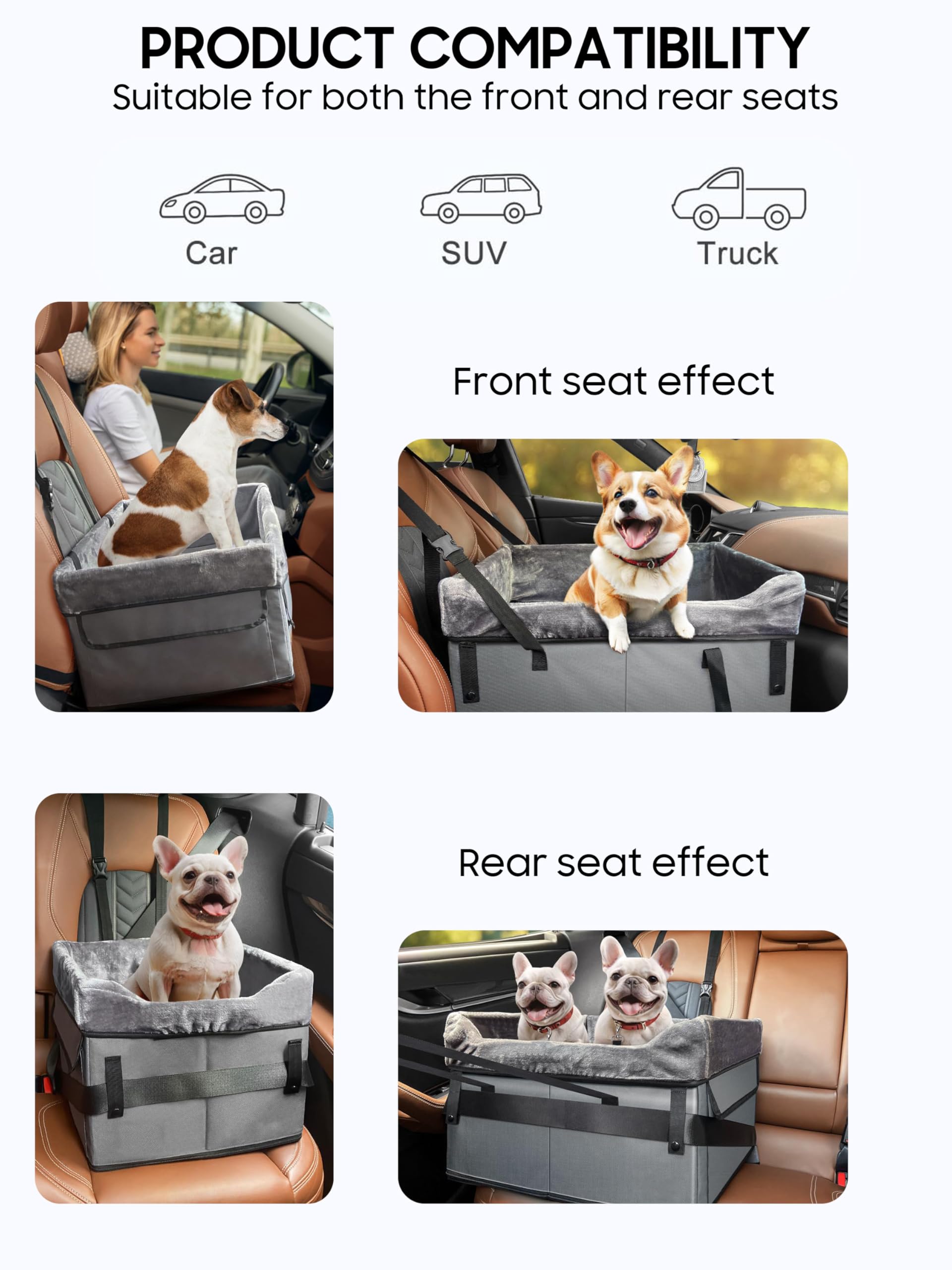 Asiento de coche portátil para perros pequeños, plegable, asiento de coche para asiento delantero y trasero, cesta para perros con cinturón de seguridad ajustable y cojín de felpa, seguro, estable