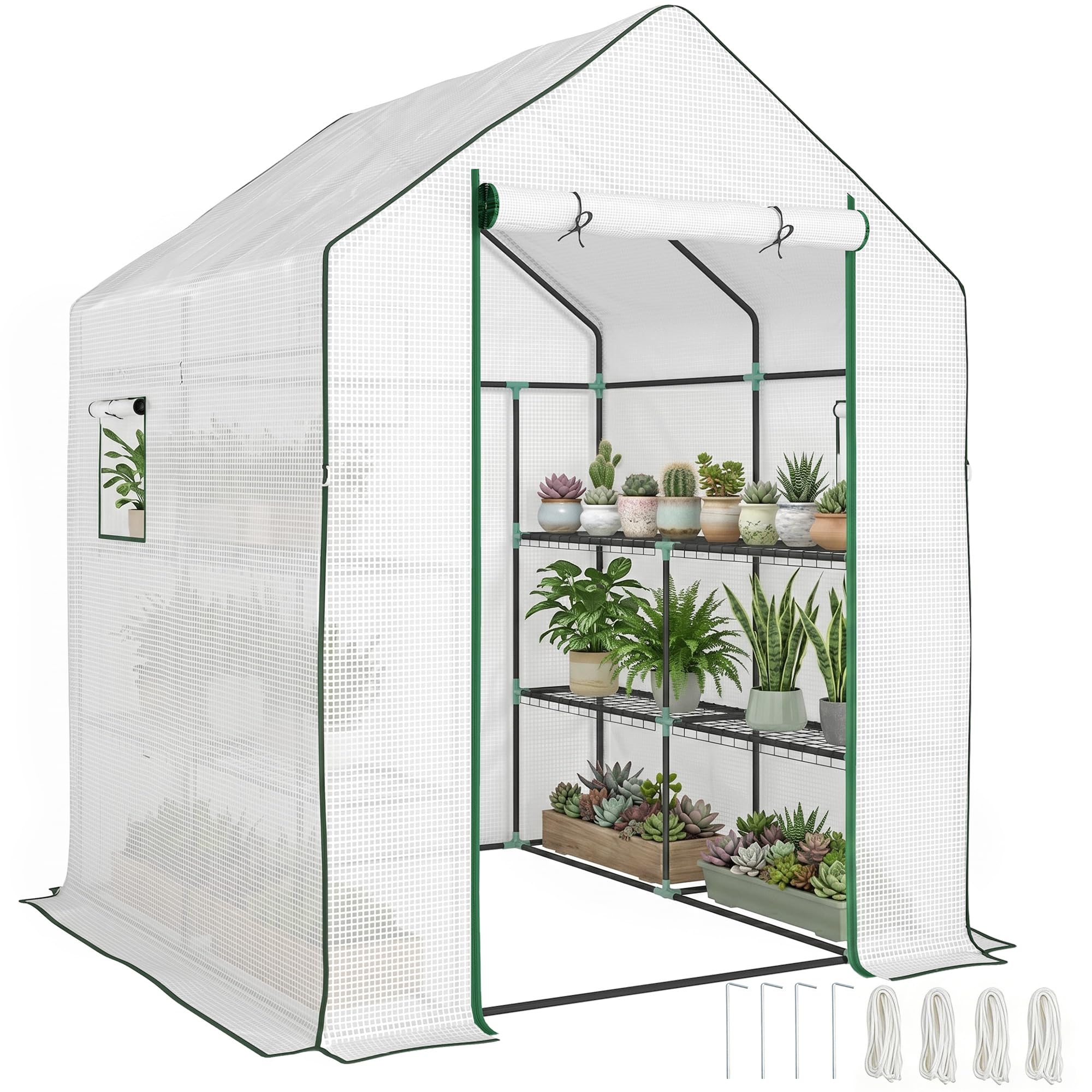Outsunny Serra tunnel 3 livelli 8 ripiani 140x143x190 cm Bianca | Piccola serra, copertura PE rinforzata, serra da giardino, porta arrotolabile, tre finestre a rete