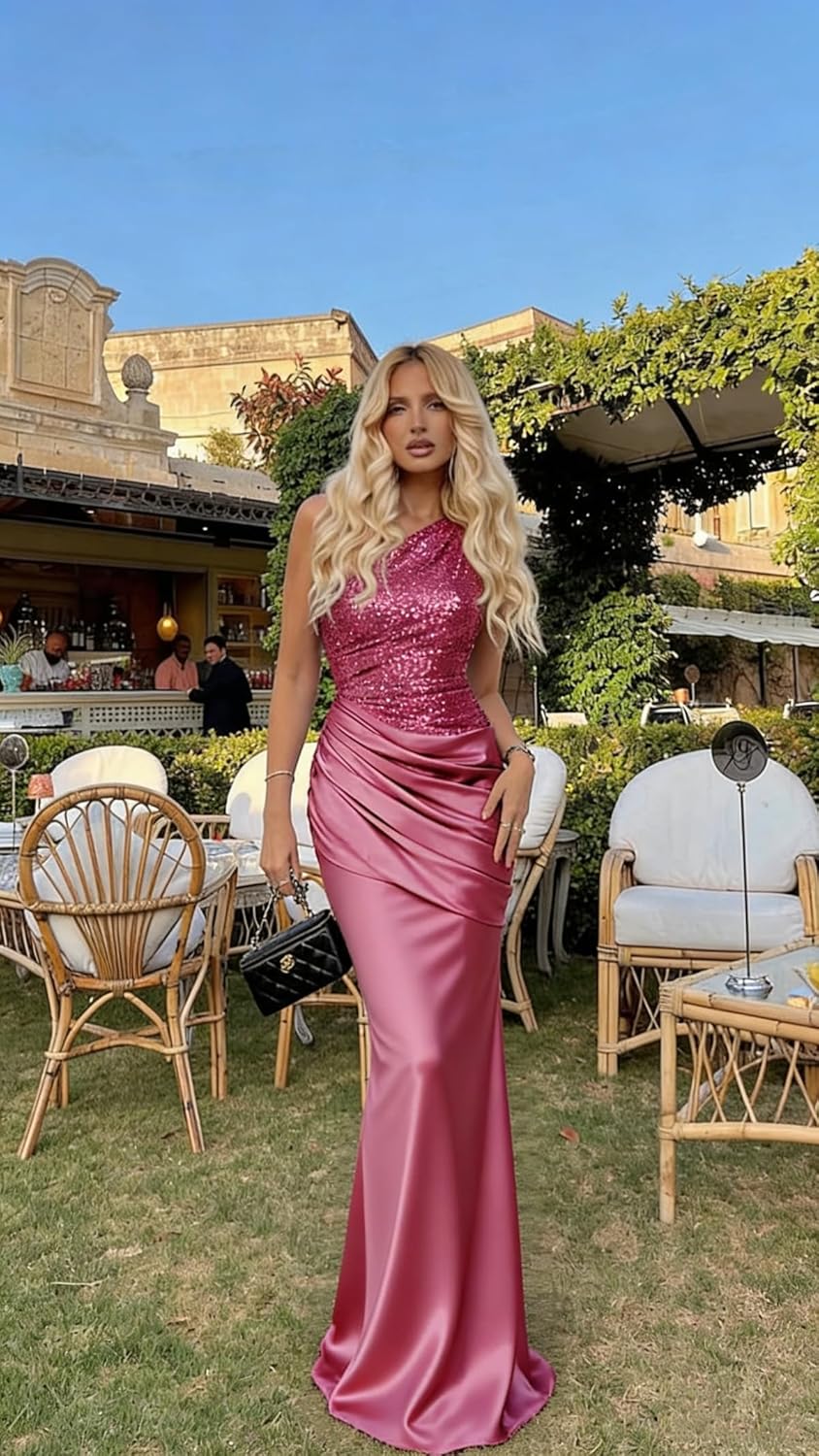 Women's Sparkly Sequins Satin Prom Dress for Women 2026 Long Mermaid One Shoulder Asymmetrical Pleated Champagne Maxi Dresses US 0 - Image 4