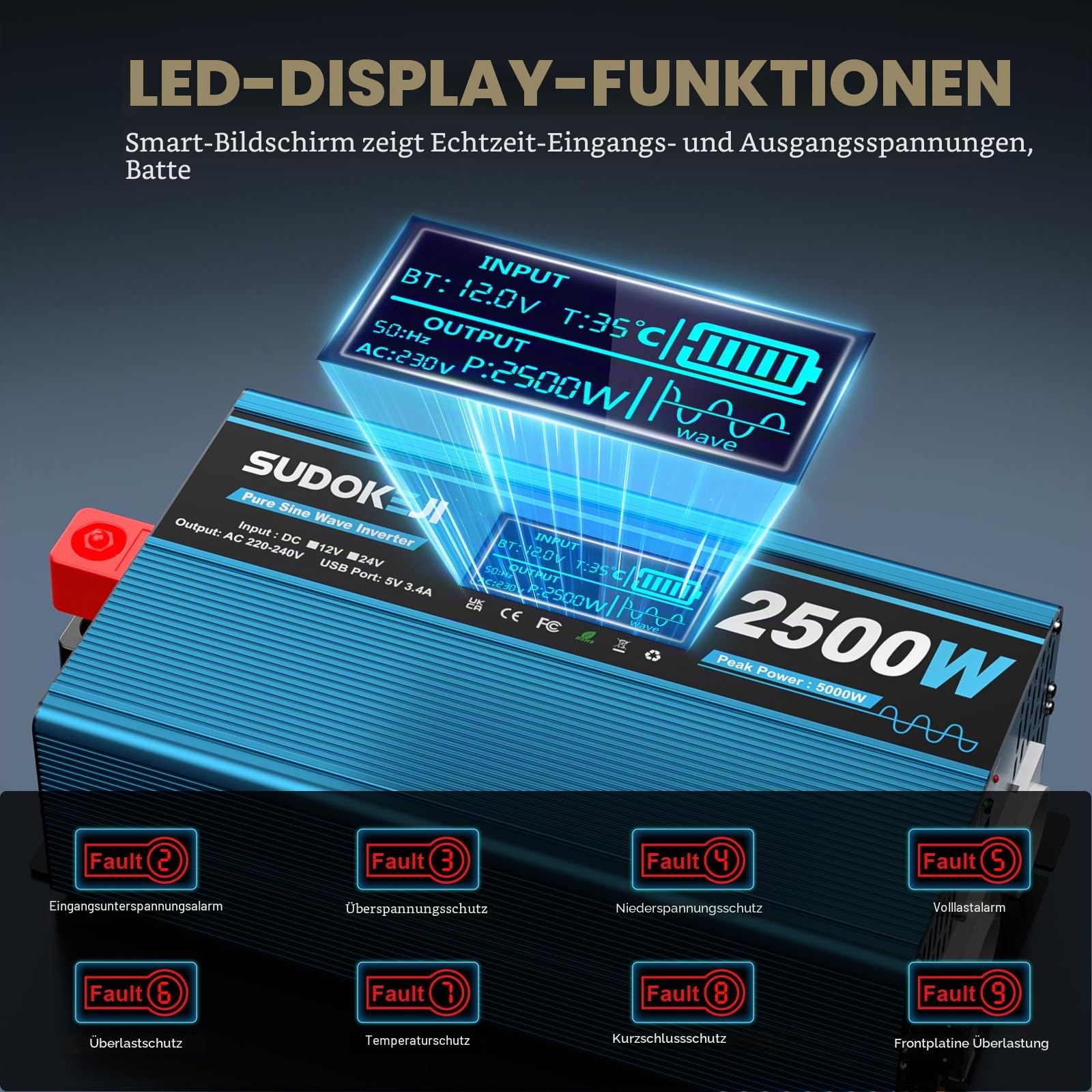 SUDOKEJI Wechselrichter Reiner Sinus 2500W (5000W Spitze) – 12V auf 230V Spannungswandler mit LCD-Display & Fernbedienung, 2X EU-Steckdose & 2X USB, ideal für Wohnmobil, LKW, Boot, Camping