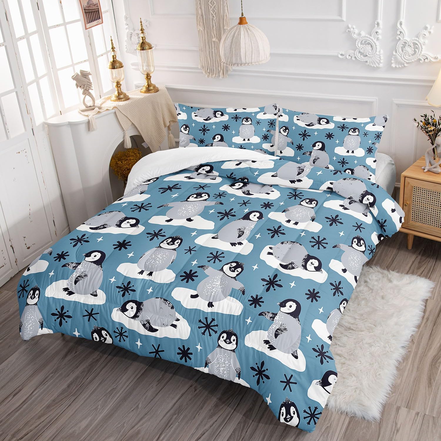 Cartoon Penguin Comforter Set Antarctica Animals Wildlife Printed Bedding Set with 1 Comforter and 2 Pillowcases for Boys and Girls Bedroom All Season(Penguin Queen)