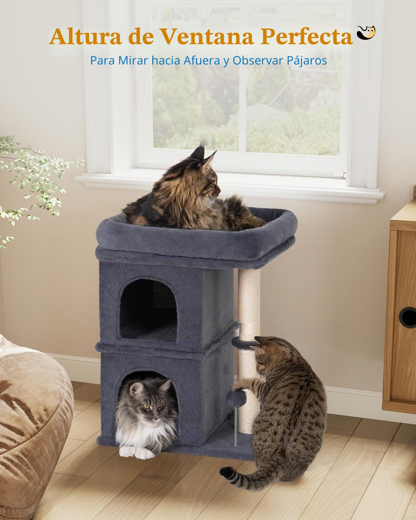 Aechonow Árbol para Gato Adulto Grande, Plataforma Grande, 61cm Escalador Torre, Sisal Poste de Rasguño, 2 Perreras de Interior de la Casa para Gatito Pequeño y Mediano, Gris Oscuro