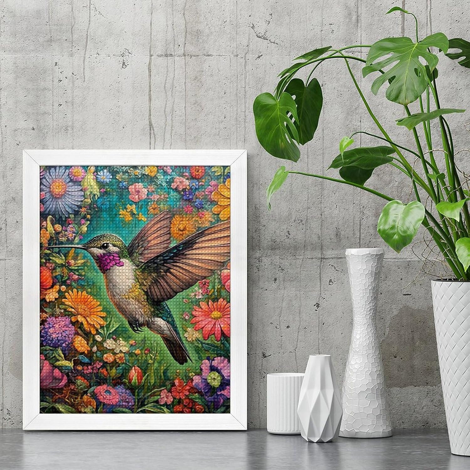 Daisy Hummingbird Bird Diamond 5D Painting Kits with Frame DIY Full Round Drill Gem Art Crafts for Home Wall Decor 16 X 20in White Wood 40 * 50cm