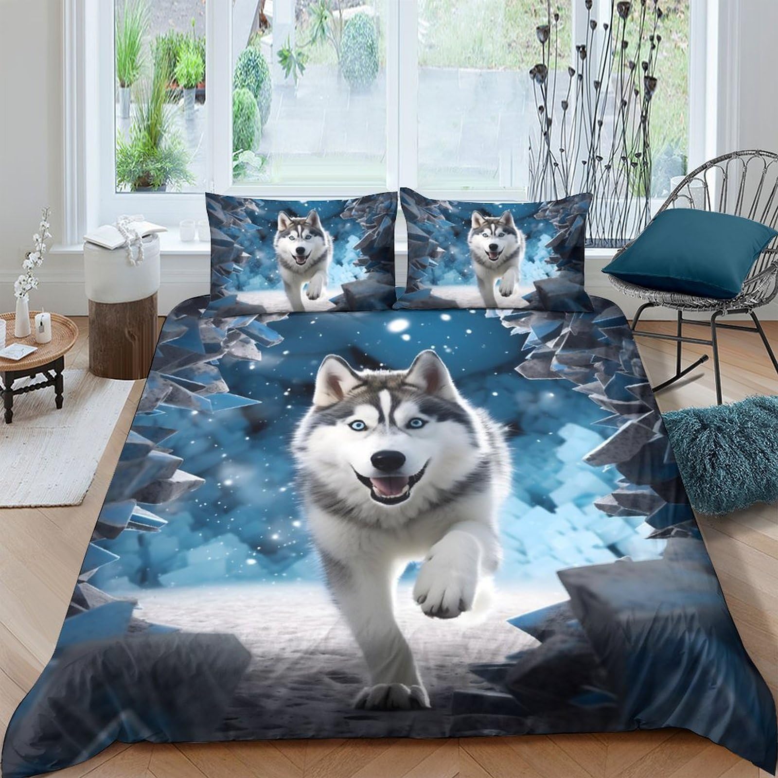 Ctjqhvkz Style-4 3D Printed Husky Forest Fitted Sheet Microfiber Soft Blue Wolf Bed Cover For Bedroom Guest Room Decor Protection Single（135X200cm）