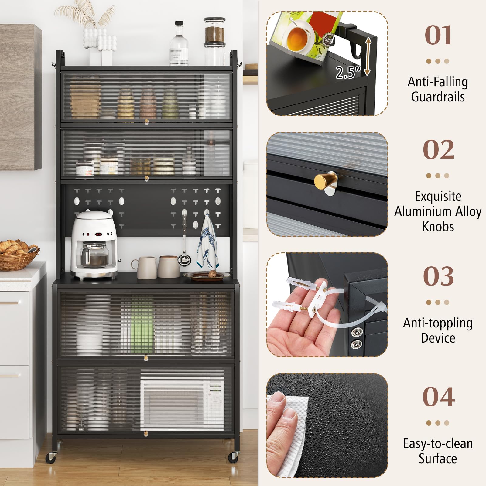 FANTASK Küchenschrank, Küchenregal auf Rollen mit Arbeitsplatte, Lochwand, Haken, transparenten Türen, Buffetschrank für Mikrowelle, Hochschrank für Küche, Esszimmer (Schwarz, 80 x 40 x 178 cm)