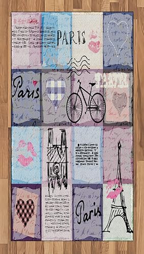 Ambesonne Alfombra de área de París, estilo grunge con textura retro de collage de París con objeto famoso tema de la Torre Eiffel de Europa,